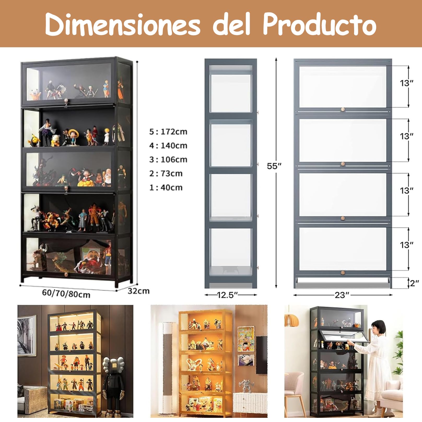 Vitrina Expositora Transparente de Acrílico, Vitrinas Figurinas, Armario de Vino, Vitrina Moderna, Diseño de Puerta Vertical, para Salón, Dormitorio, Estudio Negro 172×60×32cm