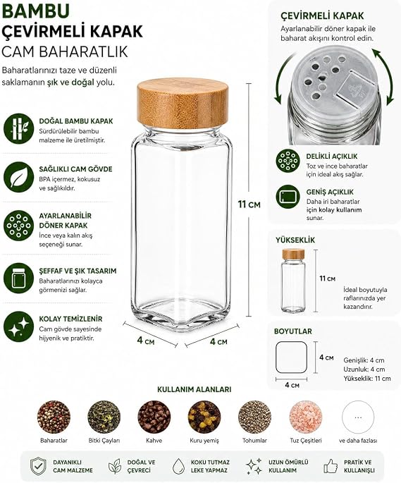 Bambu Kapaklı Cam Baharatlık Seti 12 Adet, Şeffaf Kare Baharat Kavanozu, Plastik Delikli İç Kapaklı Kontrollü Döküm Sistemi, 11x4x4 cm Mutfak Düzenleyici Baharat Saklama Kabı Seti