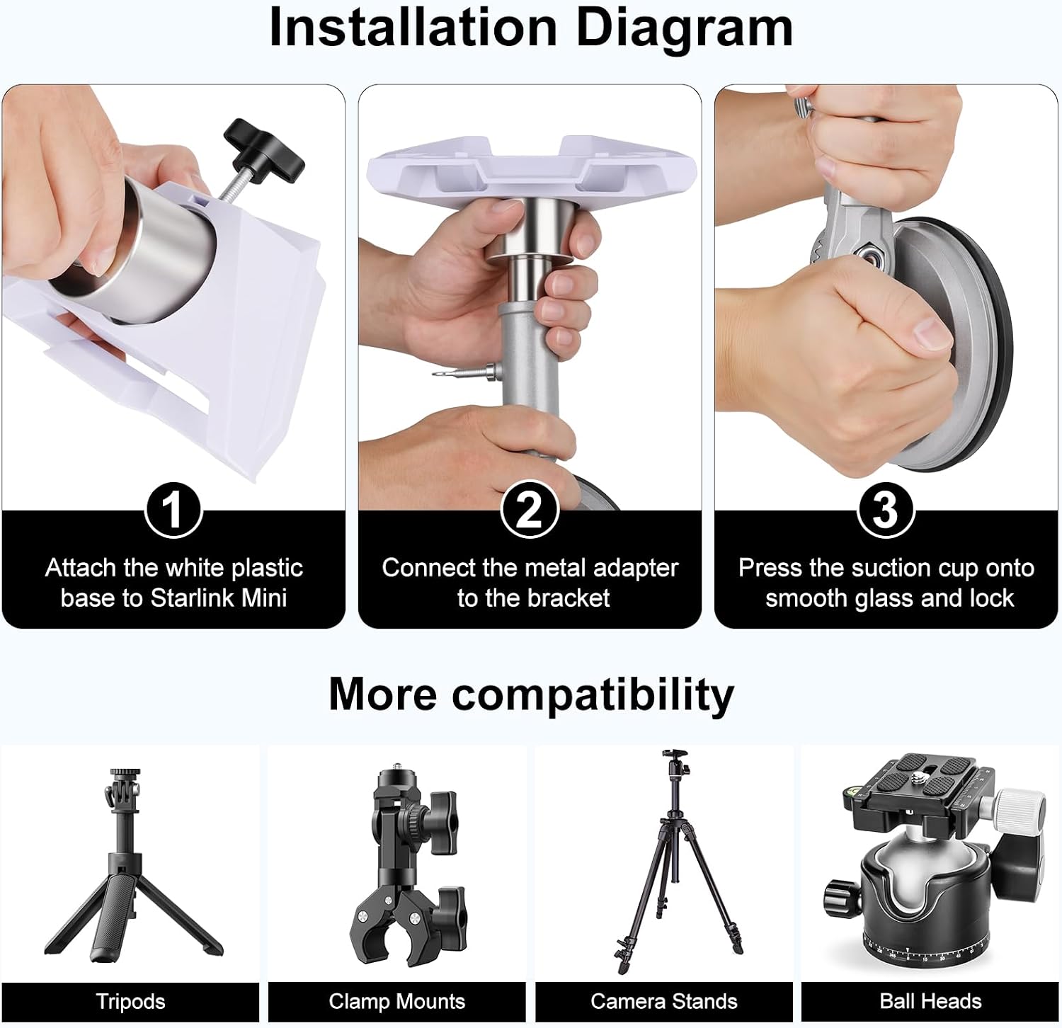 Starlink Mini Suction Cup Mount, Aluminum Drill‑Free Adjustable Holder