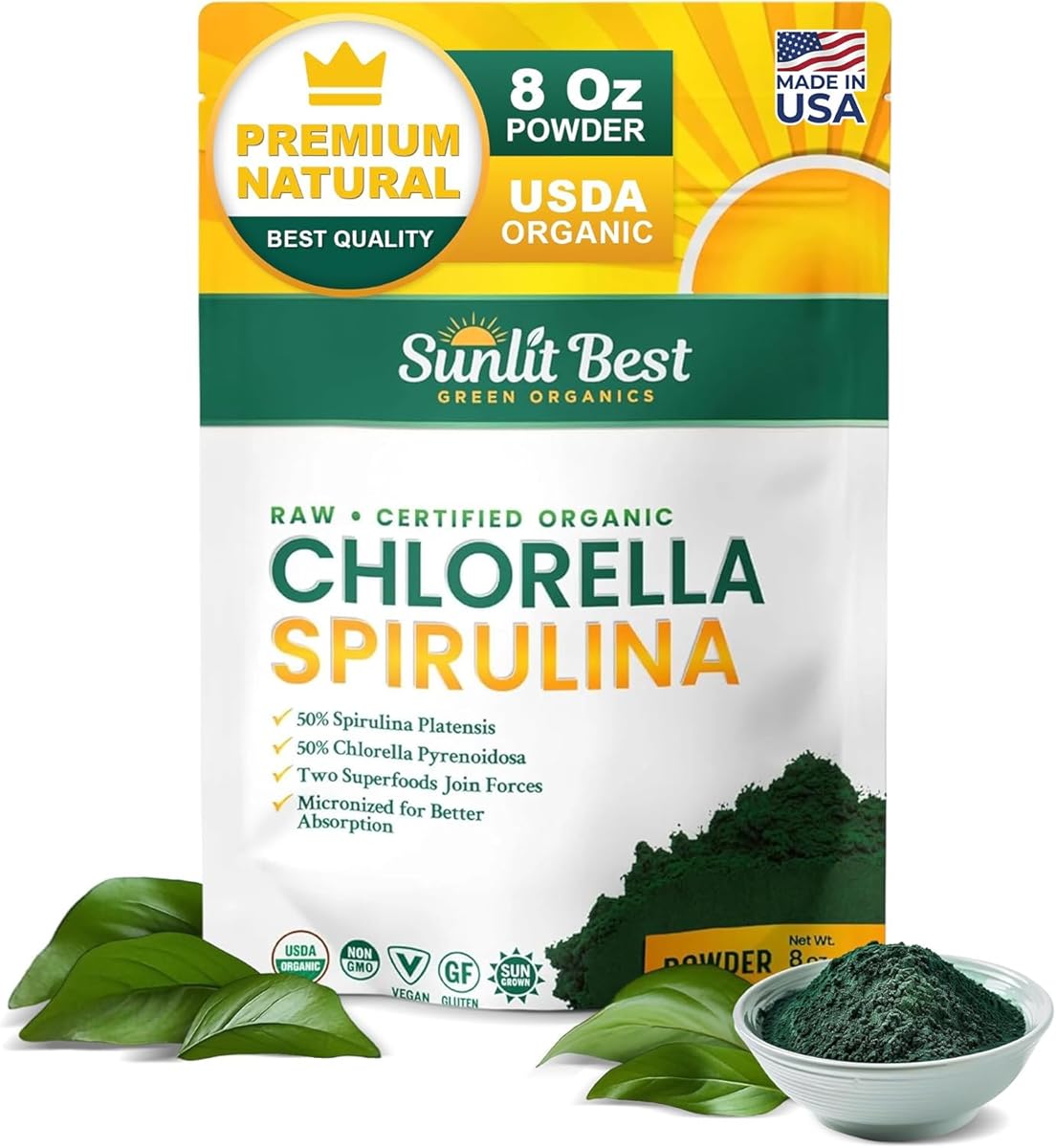 Sunlit Best USDA Organic Chlorella Spirulina Powder - 100% Raw &amp; Vegan Source of Protein &amp; Chlorophyll | Non GMO &amp; Gluten Free Superfood Energy Drink | Gut Health &amp; Immune Support Supplement, 8 oz