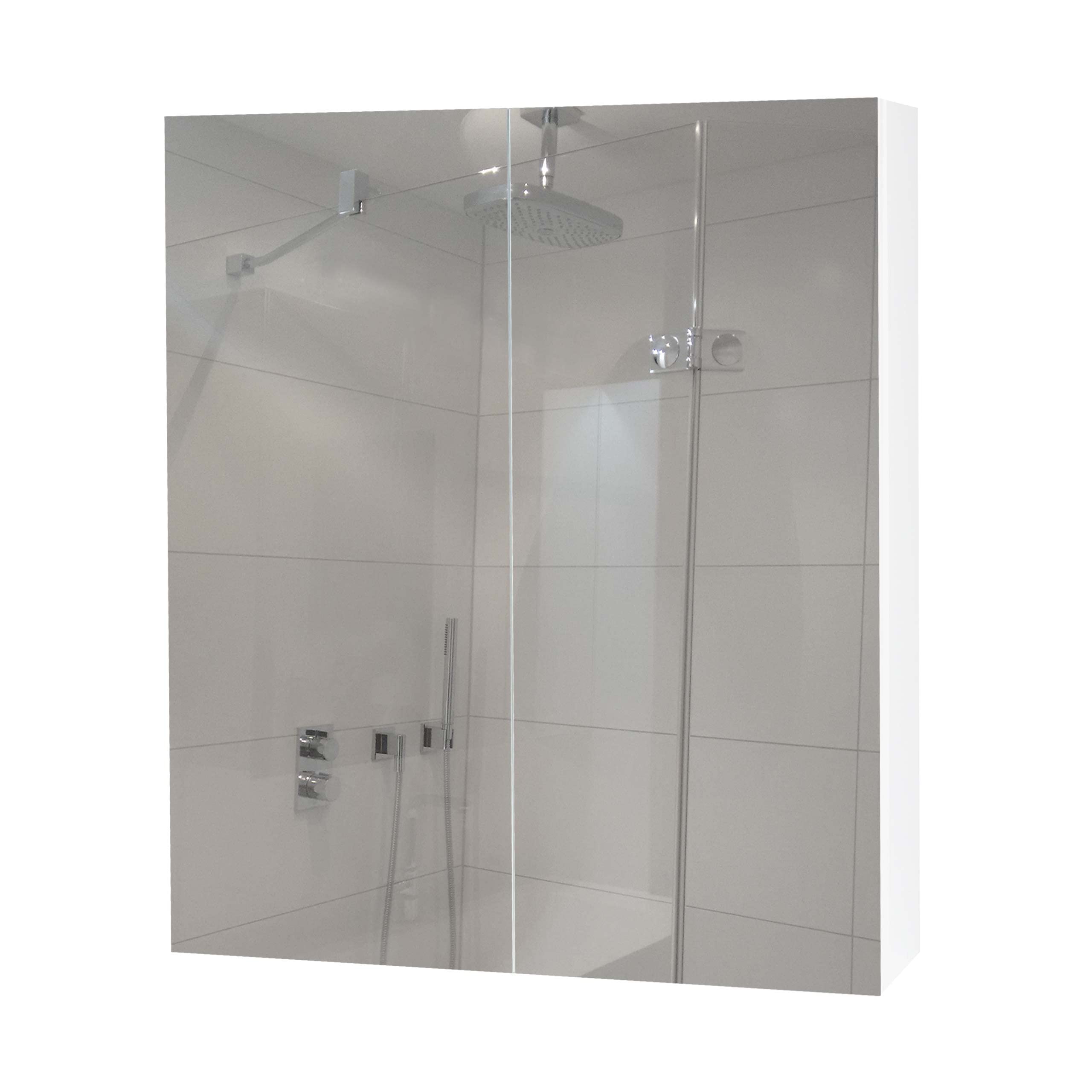 Mendler Szafka z lustrem HWC-B19b, szafka łazienkowa, szafka wisząca, 2 półki, wysoki połysk, certyfikat FSC, 70 x 60 x 16 cm, biała