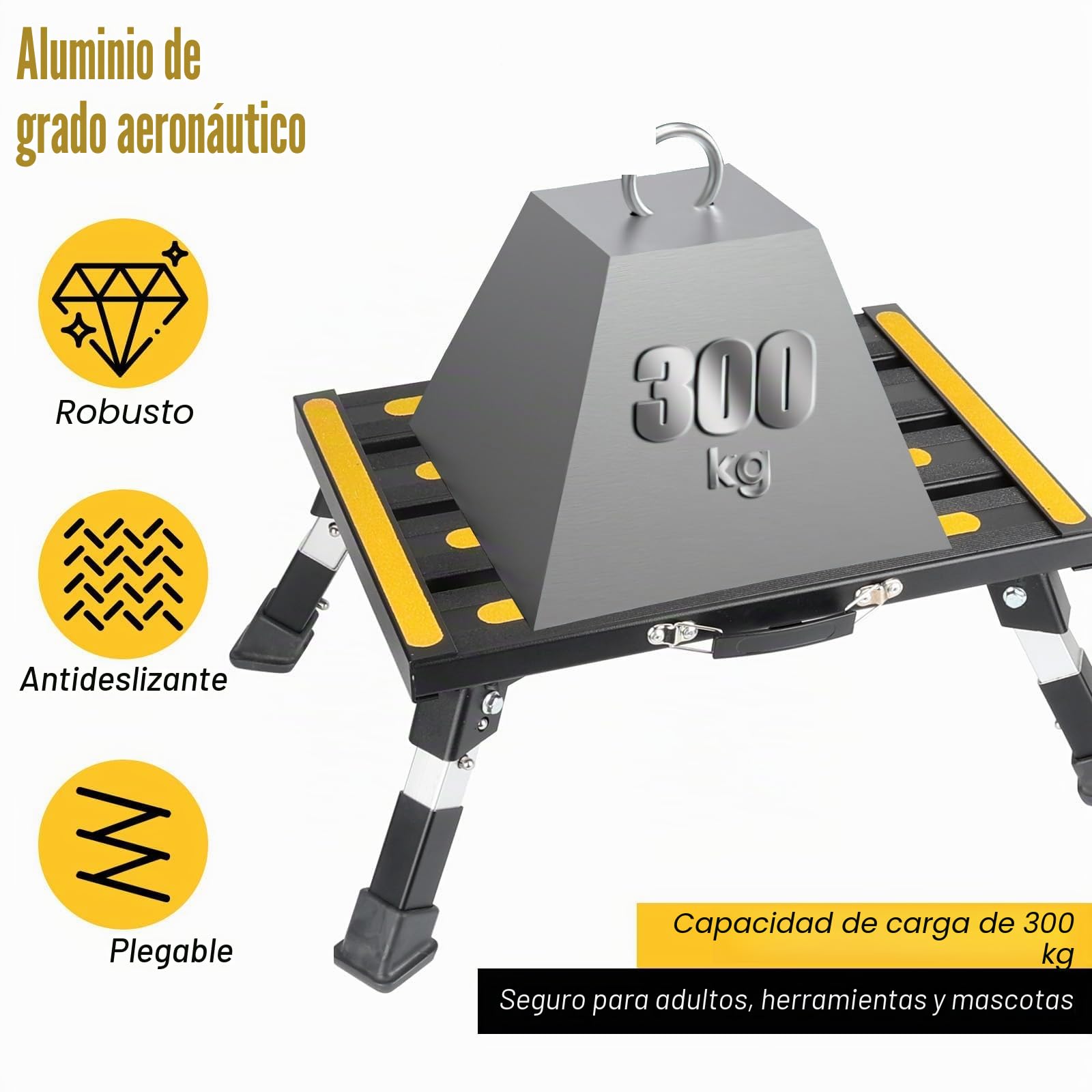 Taburete Plegable de Aluminio para Cocina, Baño, 42x30x3cm | Taburete Plegable con Alfombrilla Antideslizante, Altura Ajustable en 4 Niveles, Capacidad de Carga máxima de 250 kg Cam