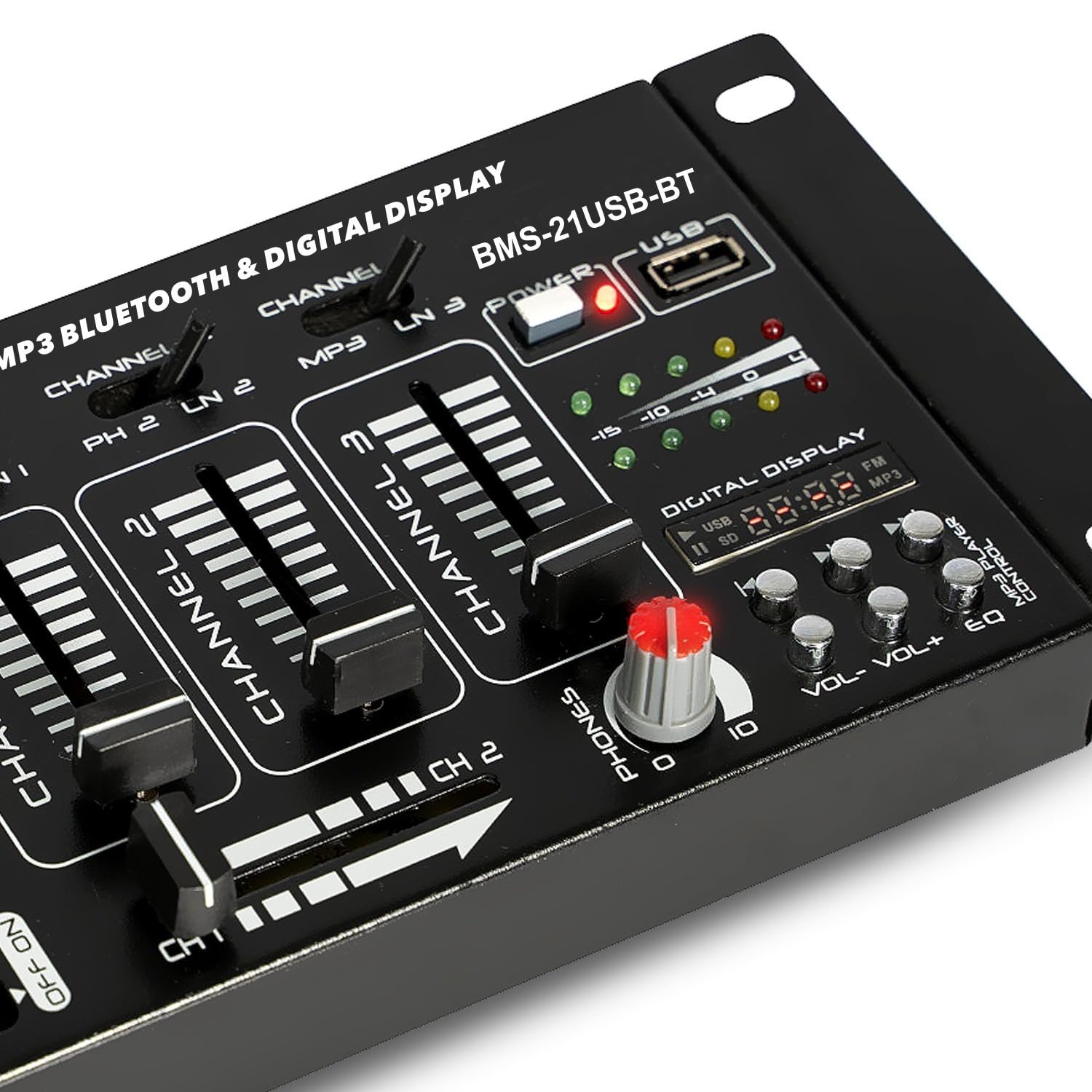 Table de mixage Sono DJ BM Bmsonic BMS-21USB-BT 4 voies/7 canaux, USB BLUETOOTH, Entrées : 1 PHONO/LINE, 1 PHONO/USB, 1 CD, MICROS