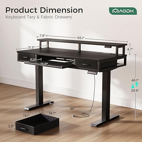 Miniatura 3 de AODK Escritorio Eléctrico de Pie con Cajones y Bandeja para Teclado, Escritorio Ajustable en Altura de 55 Pulgadas con Tomas de Corriente y Luces