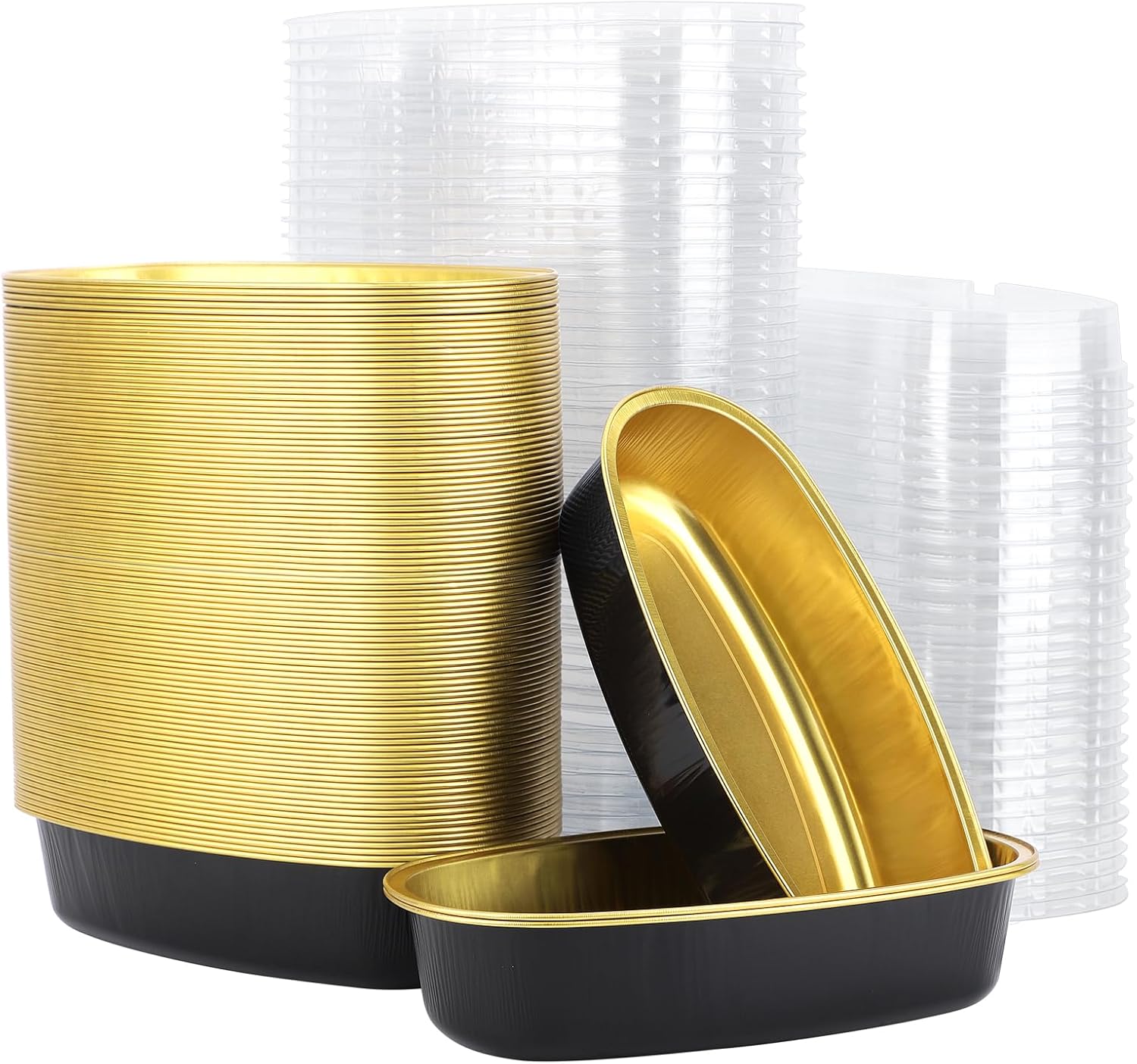 Beasea Mini Loaf Pans with Lids, 100 Pack 6 Inch 350ml 12oz Disposable Aluminum Cake Tins Oval Small Cheesecake Loaf Bread Molds Tins Oven Baking Pans for Party Wedding Business - Black Gold