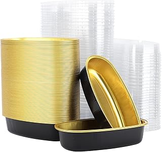 Beasea Mini Loaf Pans with Lids, 100 Pack 6 Inch 350ml 12oz Disposable Aluminum Cake Tins Oval Small Cheesecake Loaf Bread Molds Tins Oven Baking Pans for Party Wedding Business - Black Gold
