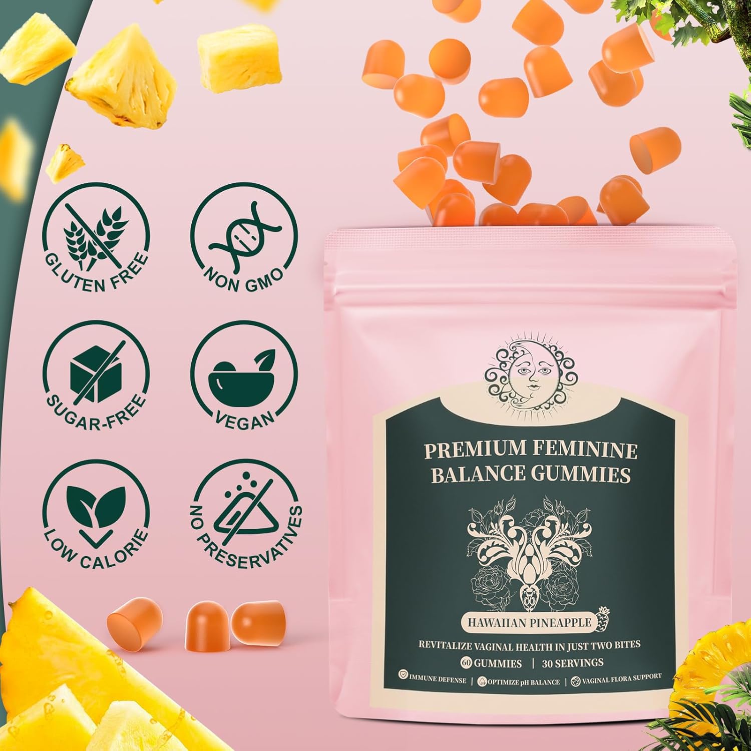 Feminine Balance Gummies for Women - Premium Balance Supplement for Women PH Health, Gut Healthy, Immune Support, Hawaiian Pineapple Flavor, 60 Gummies - Image 4