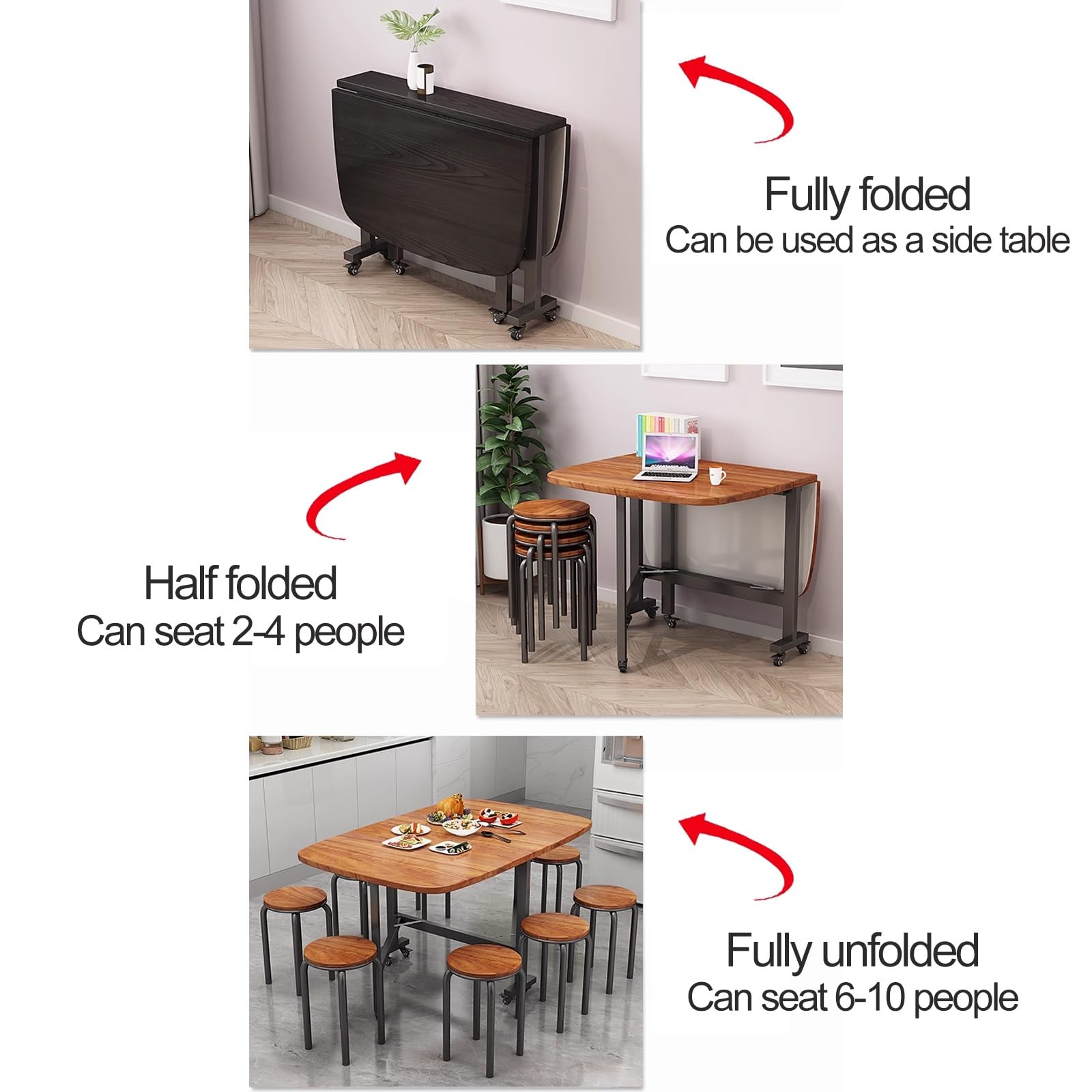 Klappbarer Esstisch mit 6 Rollen, vielseitiger Klapptisch mit Ausziehplatte, Küchen-Esszimmer-Set aus Holz, platzsparendes Möbelstück (Beige, 100 x 60 cm)