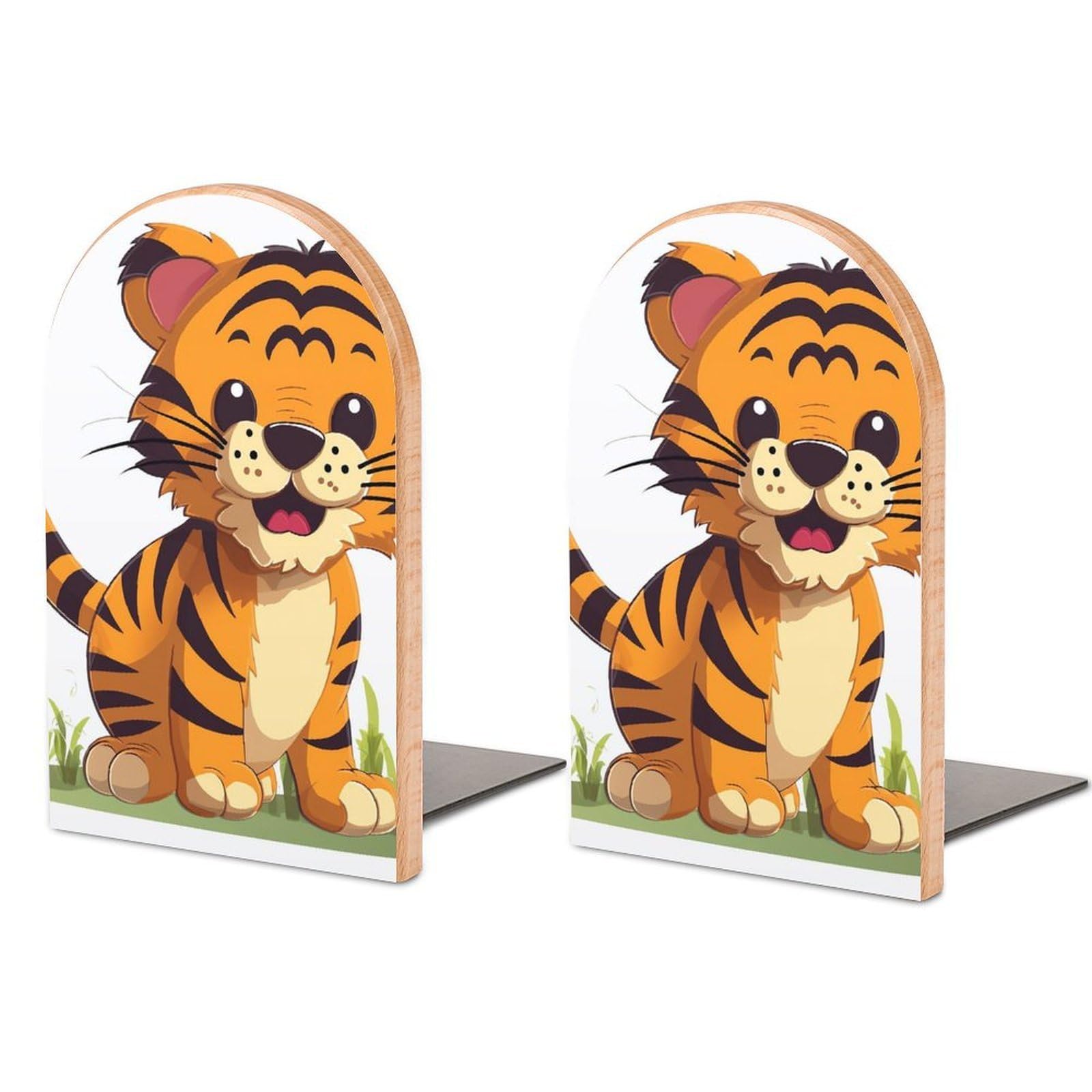 Beech Wood Book Ends Spotted Tiger Printed Bookend for Shelves Home Decorative Bookends for Heavy Books for Office Bookshelves