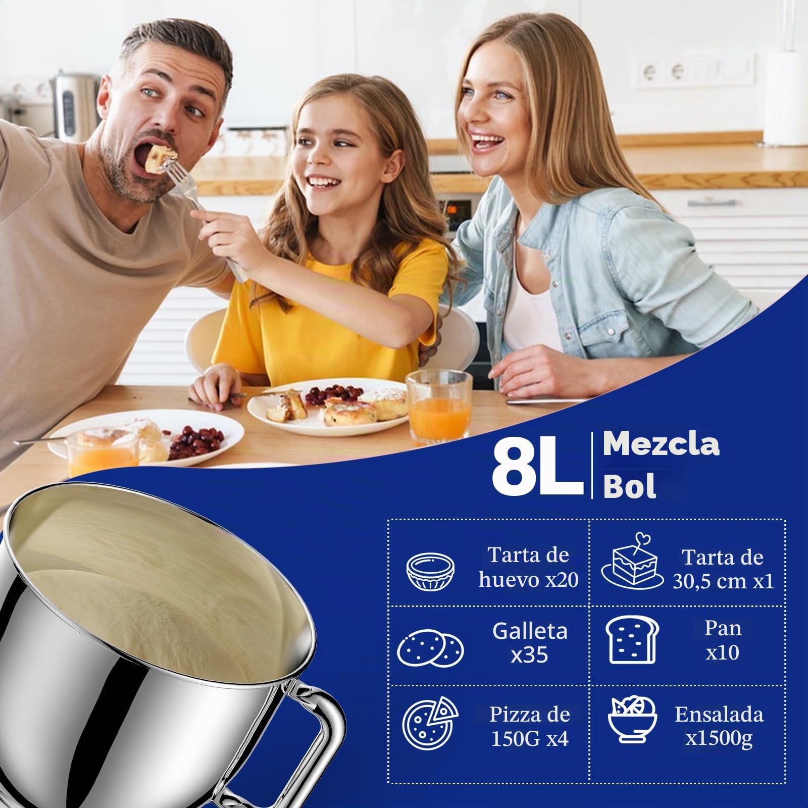 Batidora Amasadora 1500W 8L Amasadora Reposteria 6 Velocidades Robot de Cocina Pantalla LCD & función de fermentación con Amasador, Batidor, Varillas y Protección para Salpicaduras (negro)