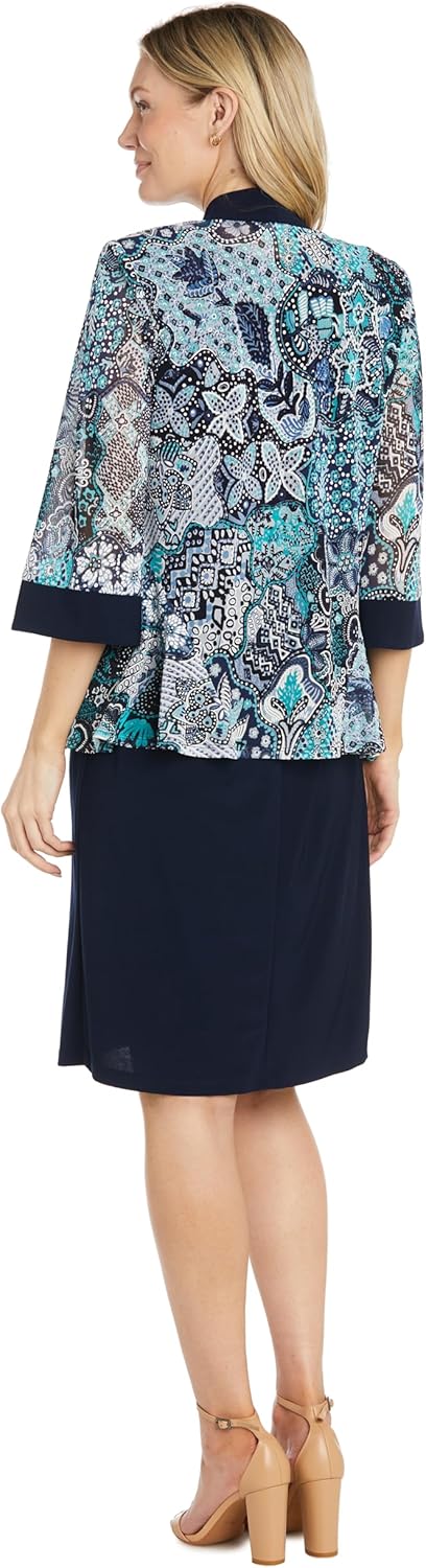 R&M Richards Women's Sheath Dress W/Floral Print Sheer Jacket & Detachable Necklace | Elegant 2-Piece Formal Ensemble