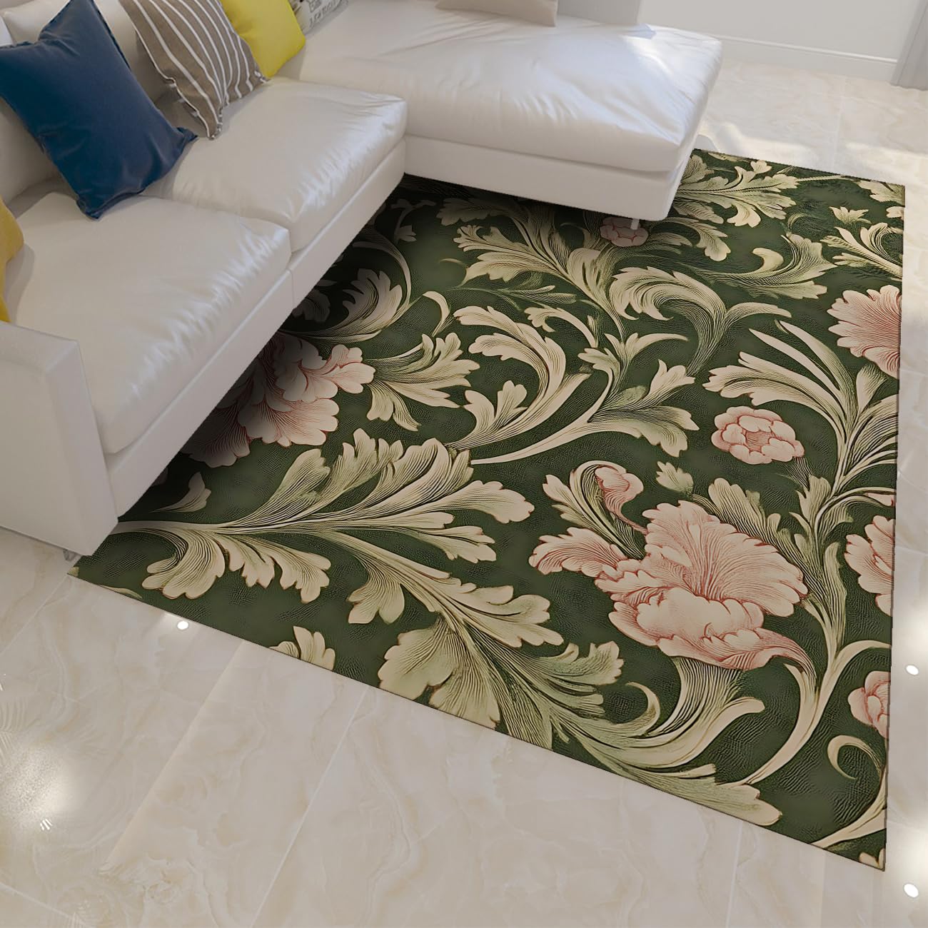 Tapis vert et rose botaniques 160x230cm lavable grand format pour chambre
