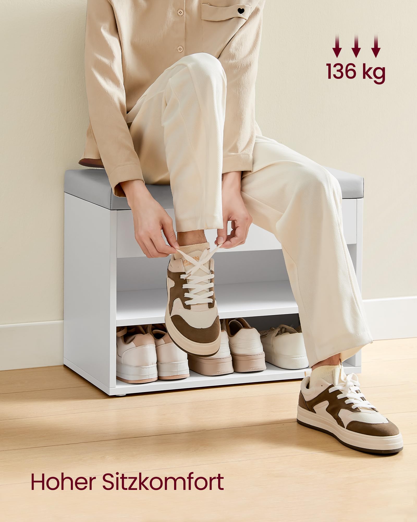 VASAGLE Custos Kollektion - Schuhbank, Sitzbank, Schuhregal mit gepolstertem Kissen, Schuhorganizer mit 3 Ebenen, 30 x 60 x 44 cm, für Flur, Wohnzimmer und Schlafzimmer, wolkenweiß LHS020W01