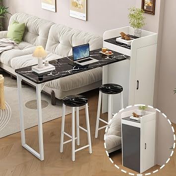 Foldable Wooden Bar Table with 2 Stools, Tall Kitchen Table with Storage, Narrow Counter Height Bar Table with Shelves, Space-Saving Bar Counter Table for Small Spaces,Coffee Shop & Home