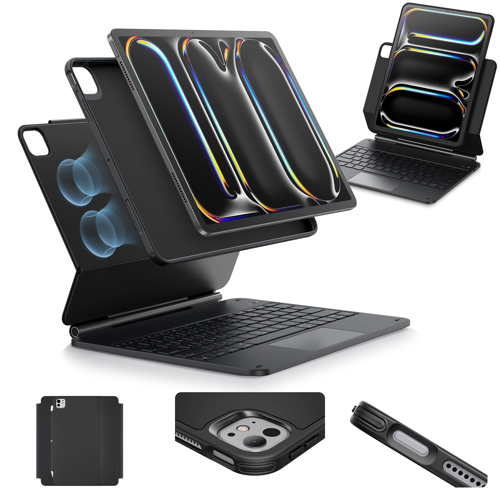 ESR 【Upgraded】 iPad Pro 13 Zoll (M5/M4, 2025/2024) Hülle mit Tastatur, Tastaturhülle mit Einzustellendem Magnetständer, Hoch-/Erhöhter Modus, Abnehmbare Schutzhülle, Rebound 360 Serie, Schwarz