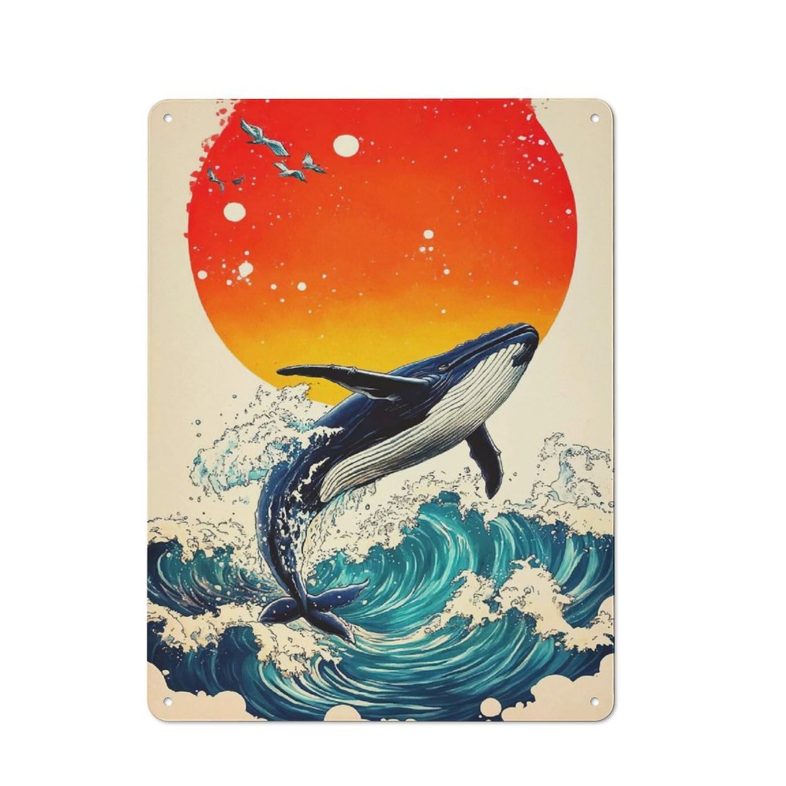 Junmoney Whale Ocean Waves Sunset 40X30cm Industrial-Style Tin Sign With For Hallway Wall, A Metal Wall Feature For A Newly Arranged Hallway