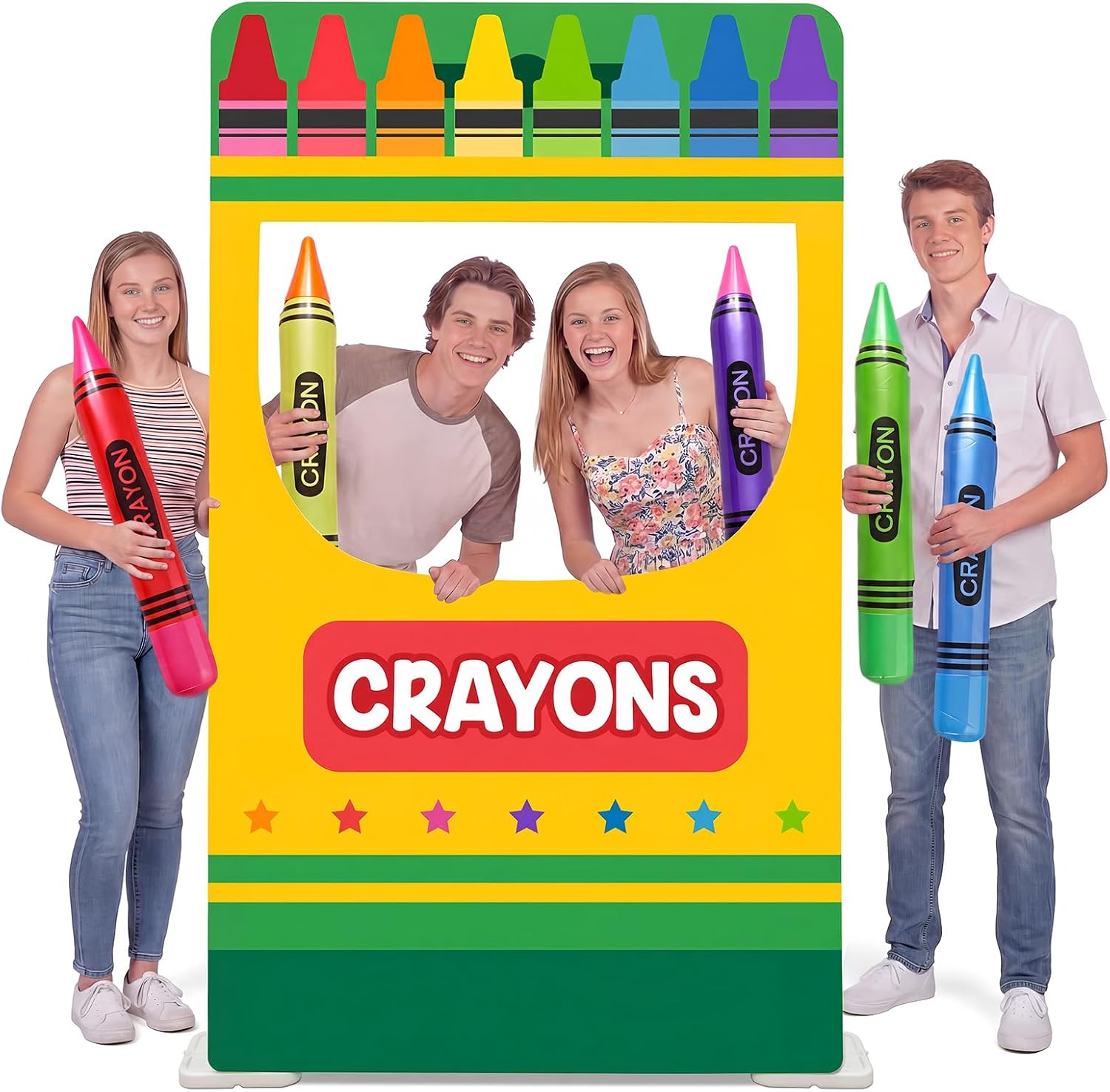 5.8 Ft Back to School Photo Booth Props Set Crayon Box Standee Photo Frame Life Size First Day of School Cardboard Cutout with Inflatable Crayon Balloon for Selfie Photoshoot Classroom Decor