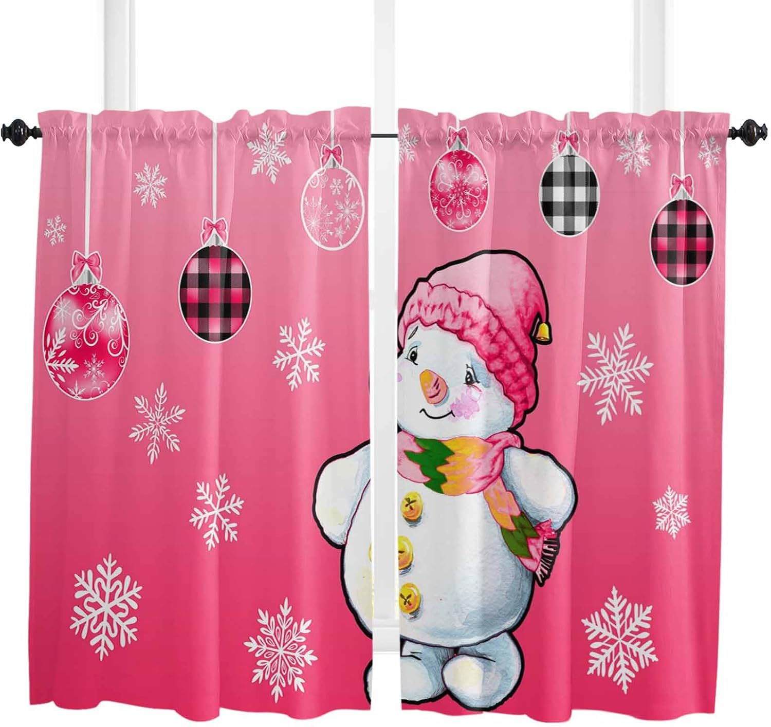 Snowman Pink Kitchen Curtains, Christmas Balls Winter Snowflakes Rustic Checker Light Filtering Window Curtain Panels, 2Pcs Rod Pocket Window Treatments Set for Study Room Bathroom Bedroom 52''x54''