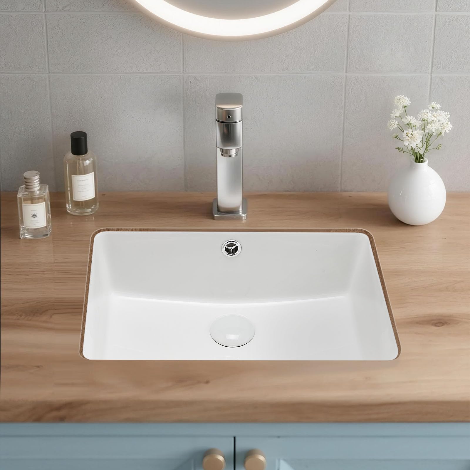 VEVOR Lavabo Bajo Encimera de Cerámica Rectangular, para Cocina, con Rebosadero, Resiste el Amarilleo y Conserva su Aspecto Radiante y Limpio, para Espacios Pequeños, Blanco, 470 x 335 x 170 mm