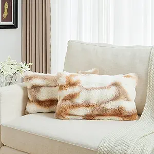 FUTEI Brown White Decorative Throw Pillow Covers 12x20 Inch Set of 2,Soft Fuzzy Faux Rabbit Fur Pillow Case with Raised Texture,Neutral Boho Home Decor for Couch Bed Living Room