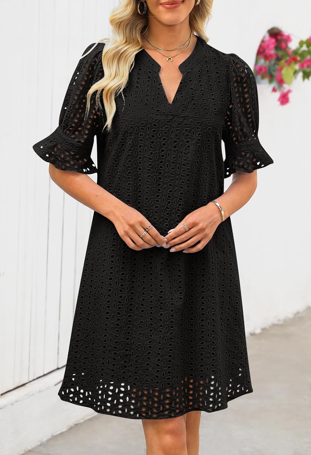 MEROKEETY Women's 2026 Summer Short Sleeve Mini Dress V Neck Ruffle Hollow Out Eyelet Lace Dresses - Image 3