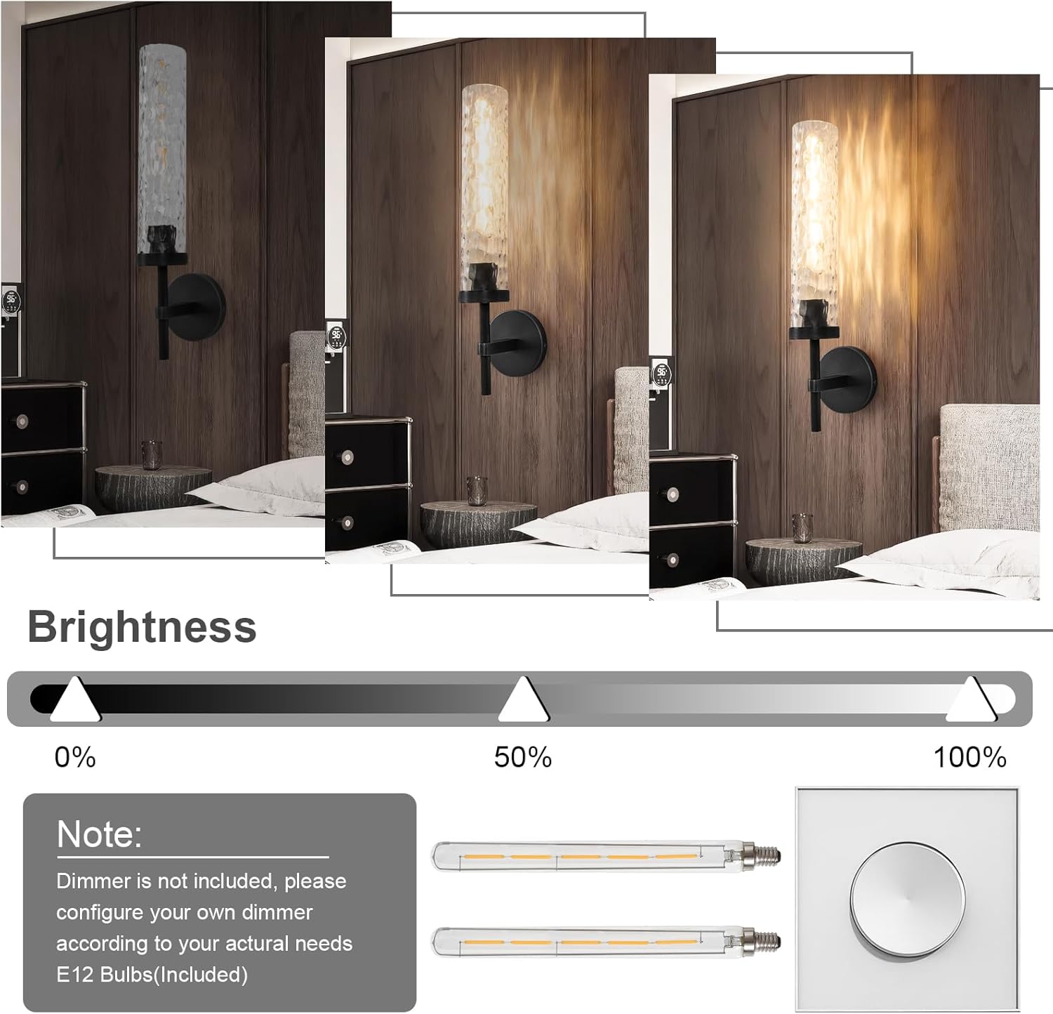 Brass Knurled Bathroom Sconces Set of 2, 19.5 Inch Black Vanity Light Fixtures with Water Ripple Glass Tube Modern Wall Lamp for Bathroom Mirror Bedroom Living Room Hallway