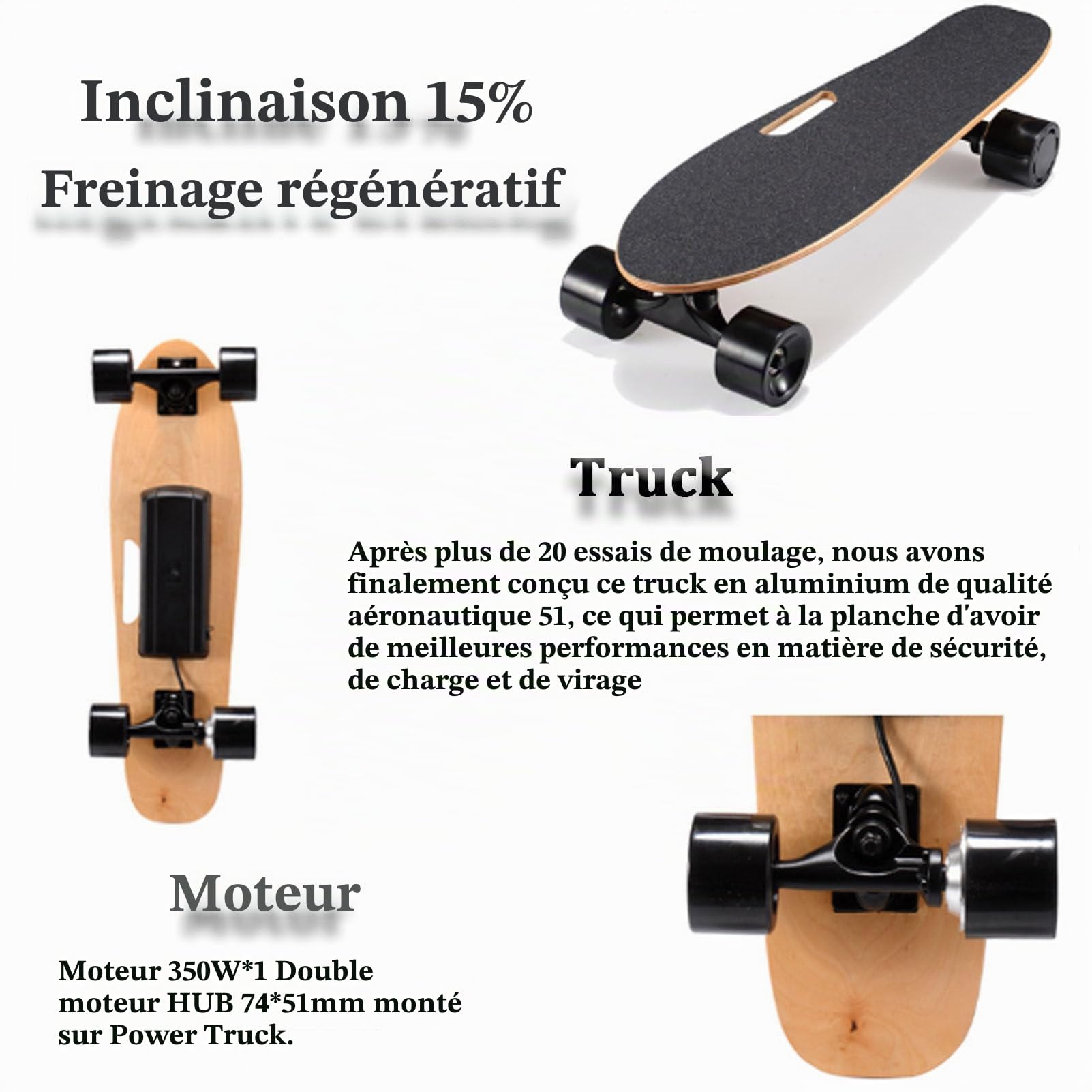 Skateboard électrique avec télécommande, Vitesse maximale de 22 km/h, autonomie de 8 km, Skateboard Cruiser de Type Surf pour débutants, Adultes et Adolescents, 4 Vitesses réglables