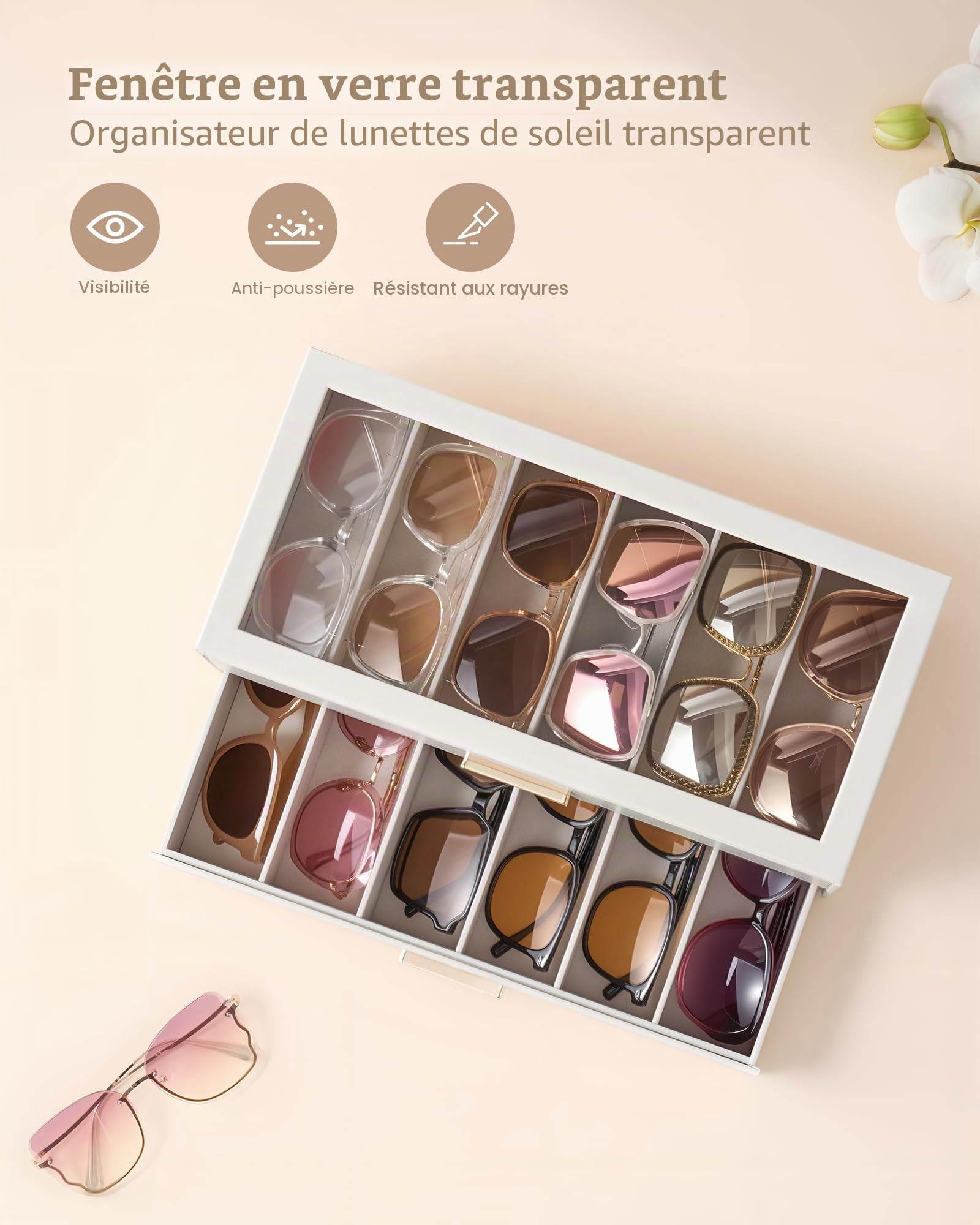 Lolalet Boîte à Lunettes, Rangement de Lunettes de Soleil avec Couvercle Transparent et Tiroirs, Grande Capacité pour Lunettes et Accessoires