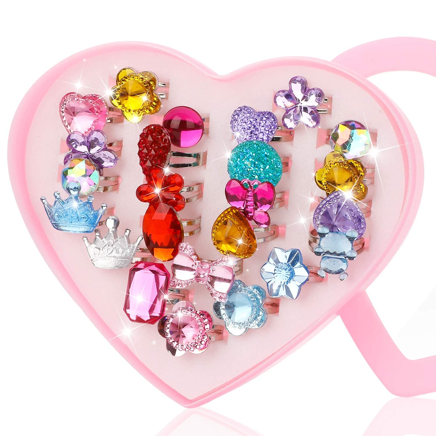 azzeell 24 pcs Girls Crystal Adjustable Rings, Princess Jewelry Finger Rings with Heart Shape Box, Girl Pretend Play and Dress up Rings for Children Kids Little Girls
