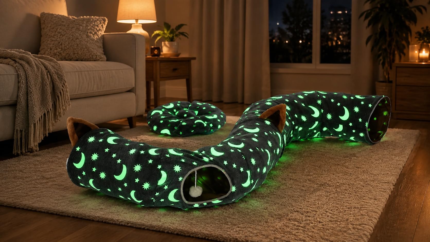 Tubo de cama de túnel para gatos con cojín y bola de peluche, juego de juguete arrugado, tela de franela autoluminosa, 3 pies para gatos grandes, gatitos, cachorros, pequeños, gris, estrella