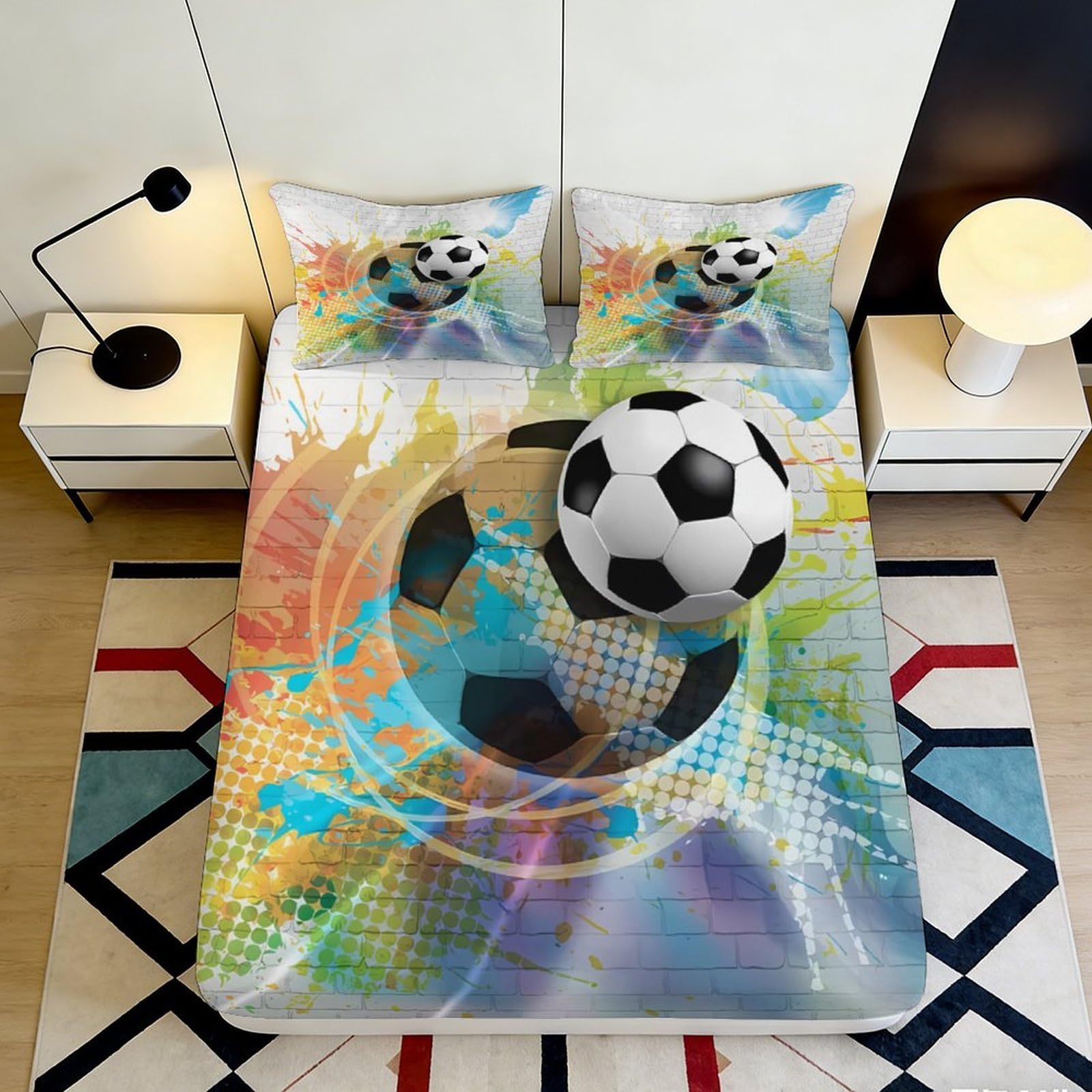 3D Printed Vibrant Soccer Ball Fitted Sheet Microfiber Soft Breathable Graffiti Splash Mattress Cover for Bedroom Dorm Decor 90x200x25cm