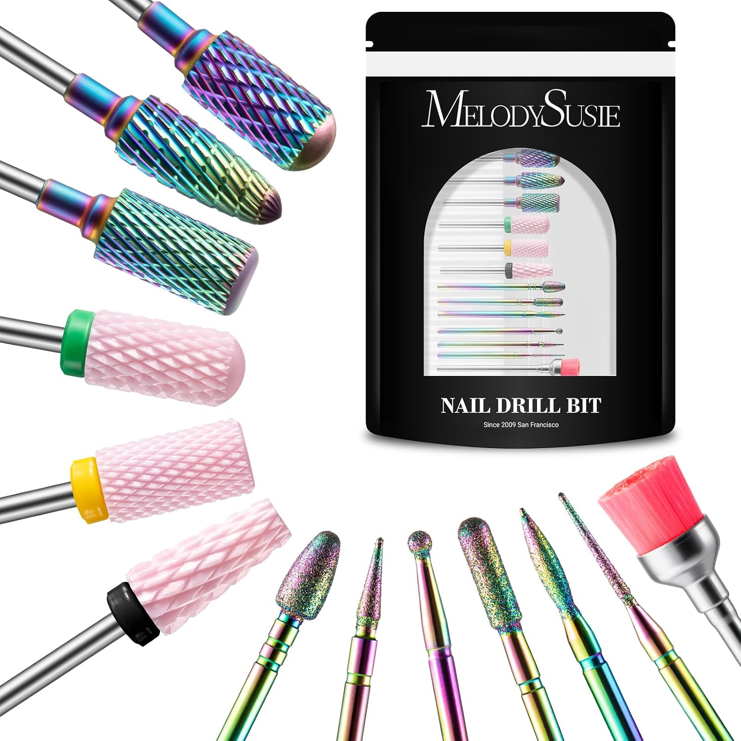 MelodySusie 13Pcs Nail Drill Bits Set Tungsten Carbide Ceramic 3/32''