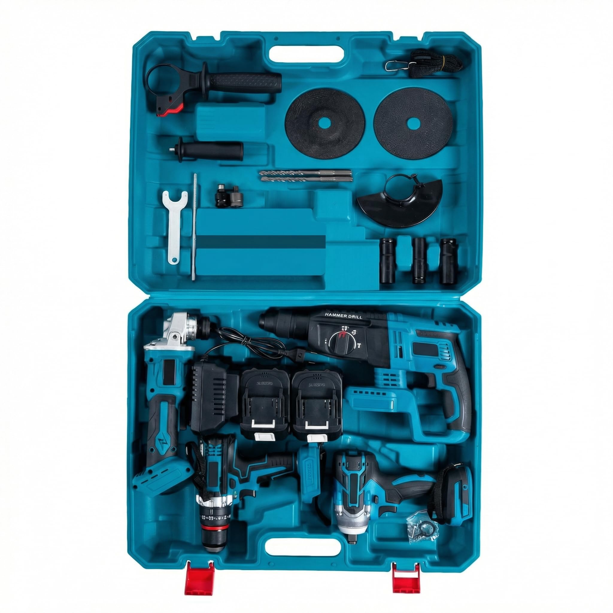 GrecoShop Kit Utensili a Batteria 4 in 1: Trapano Avvitatore a Percussione, Smerigliatrice Flex Angolare, Martello Tassellatore SDS-PLUS, Avvitatore Svita Bulloni Svitabulloni Impulsi + 2 Batterie