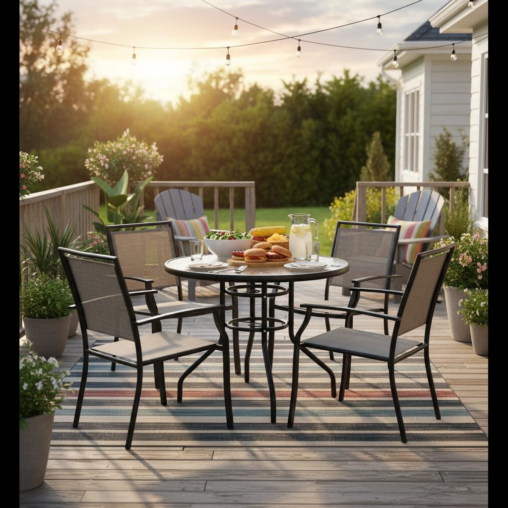 Tangkula 32-Inch Round Patio Dining Table with Tempered Glass Top, Metal Frame Outdoor Bistro Table with Umbrella Hole, Outside Table for Garden Poolside Balcony Yard