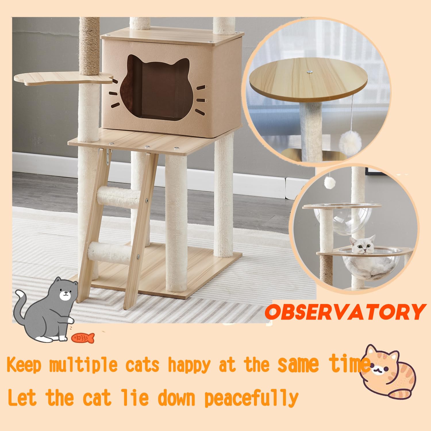 Mekidulu Albero per gatti da interno, 145 cm, condominio multilivello con 2 ciotole, 1 casa, 2 posatoi, 1 scala, 1 pompon, peso 15 kg, albero per gatti in legno (beige N3)