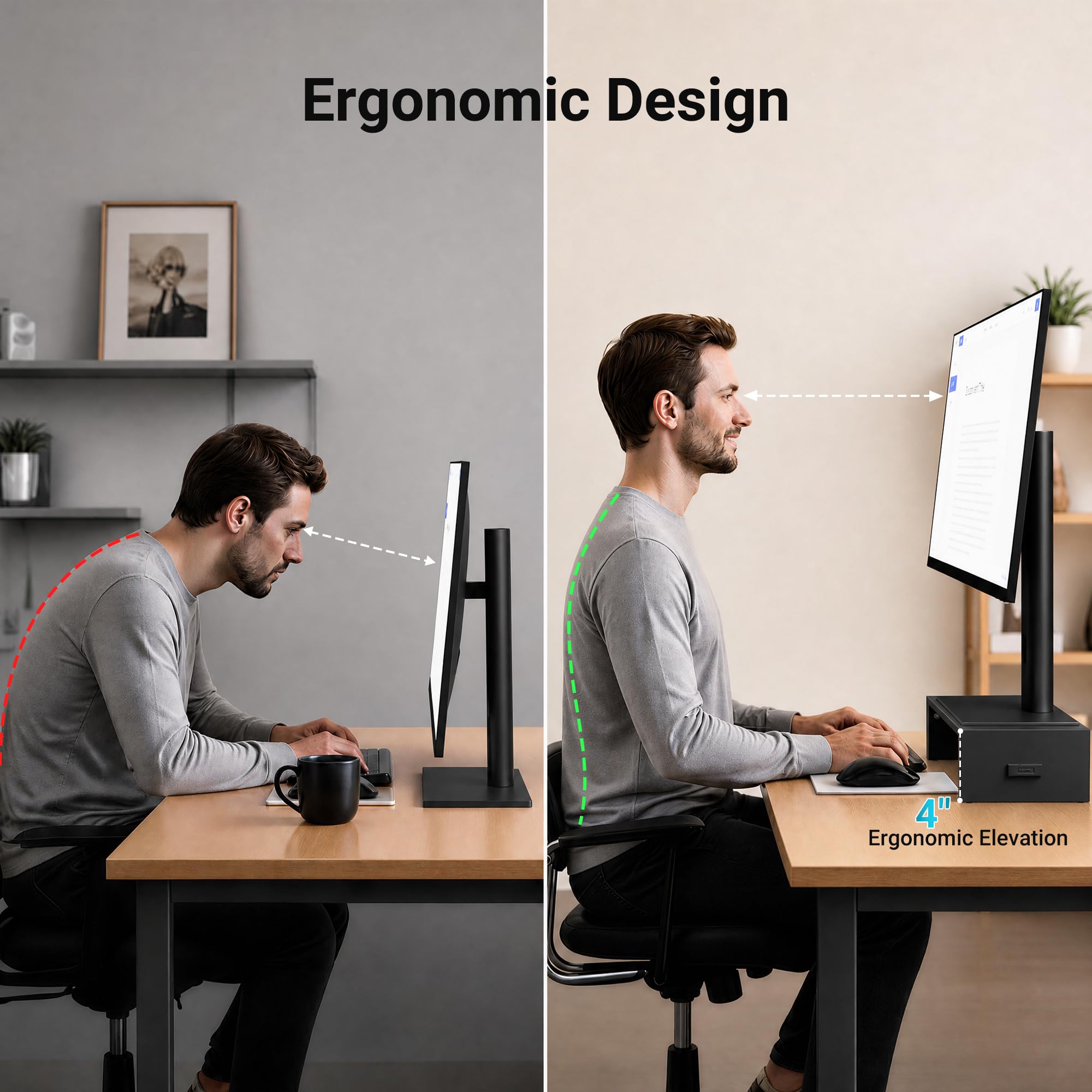 BONTEC Podstawka pod monitor, stojak na monitor, uchwyt na telefon, ergonomiczna podstawka pod drukarkę, pod laptopa z miejscami na kable, do komputerów, notebooków, iMaców, Pecetów, 42 cm, czarny