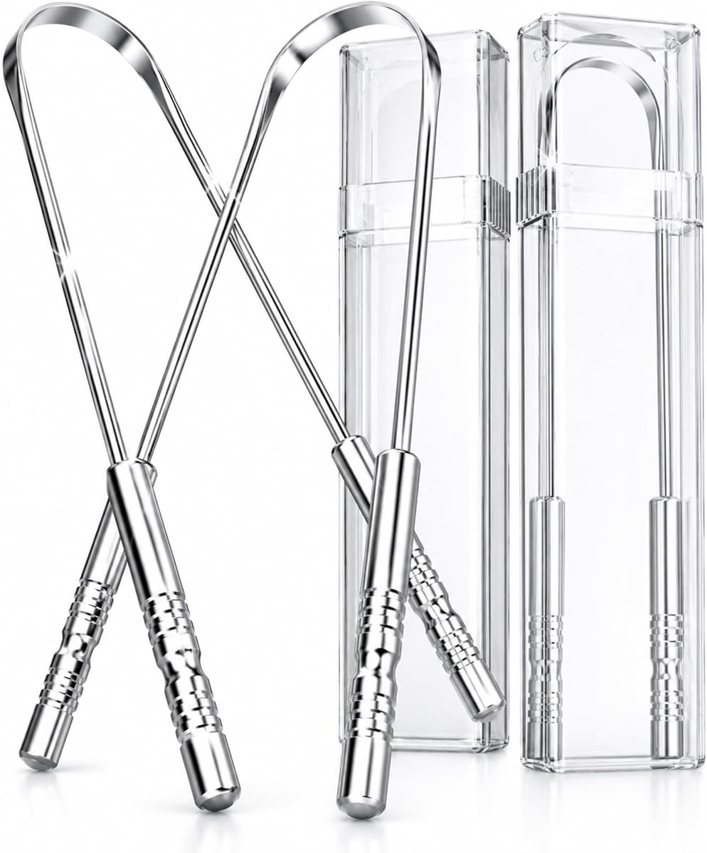 Tongue Scraper 2 Pack, 304 Stainless Steel Tongue Cleaner, Includes 2 Travel Cases, Helps Reduce Bad Breath, Metal Tongue Scraper for Oral Hygiene and Fresh Breath