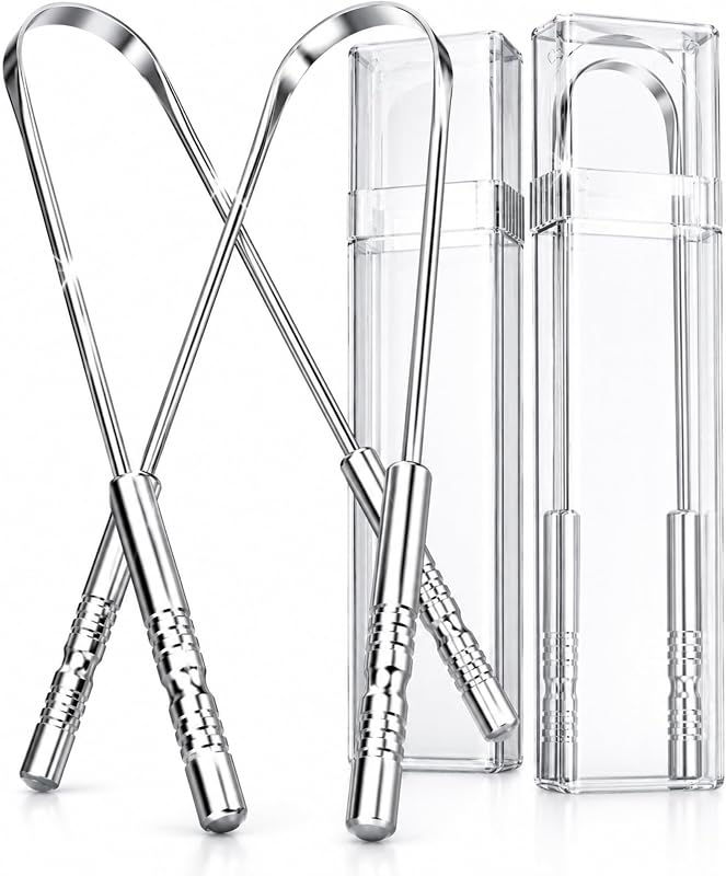 Tongue Scraper 2 Pack, 304 Stainless Steel Tongue Cleaner, Includes 2 Travel Cases, Helps Reduce Bad Breath, Metal Tongue Scraper for Oral Hygiene and Fresh Breath