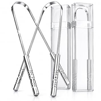Tongue Scraper 2 Pack, 304 Stainless Steel Tongue Cleaner, Includes 2 Travel Cases, Helps Reduce Bad Breath, Metal Tongue Scraper for Oral Hygiene and Fresh Breath