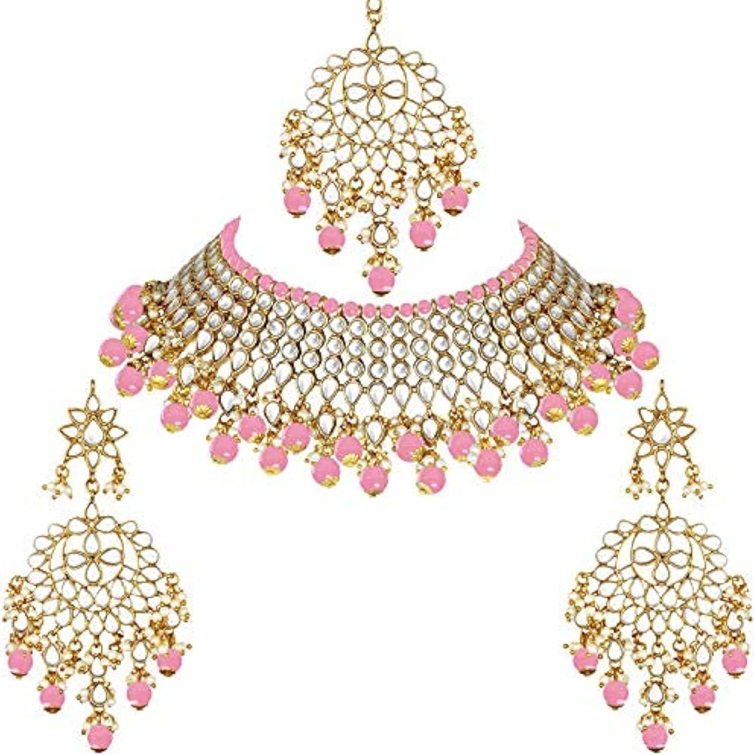 Aheli White Pearl Faux Kundan Choker Necklace with Earring Maang Tikka Indian Traditional Bollywood Ethnic Bridal Jewelry Set Gift for Women
