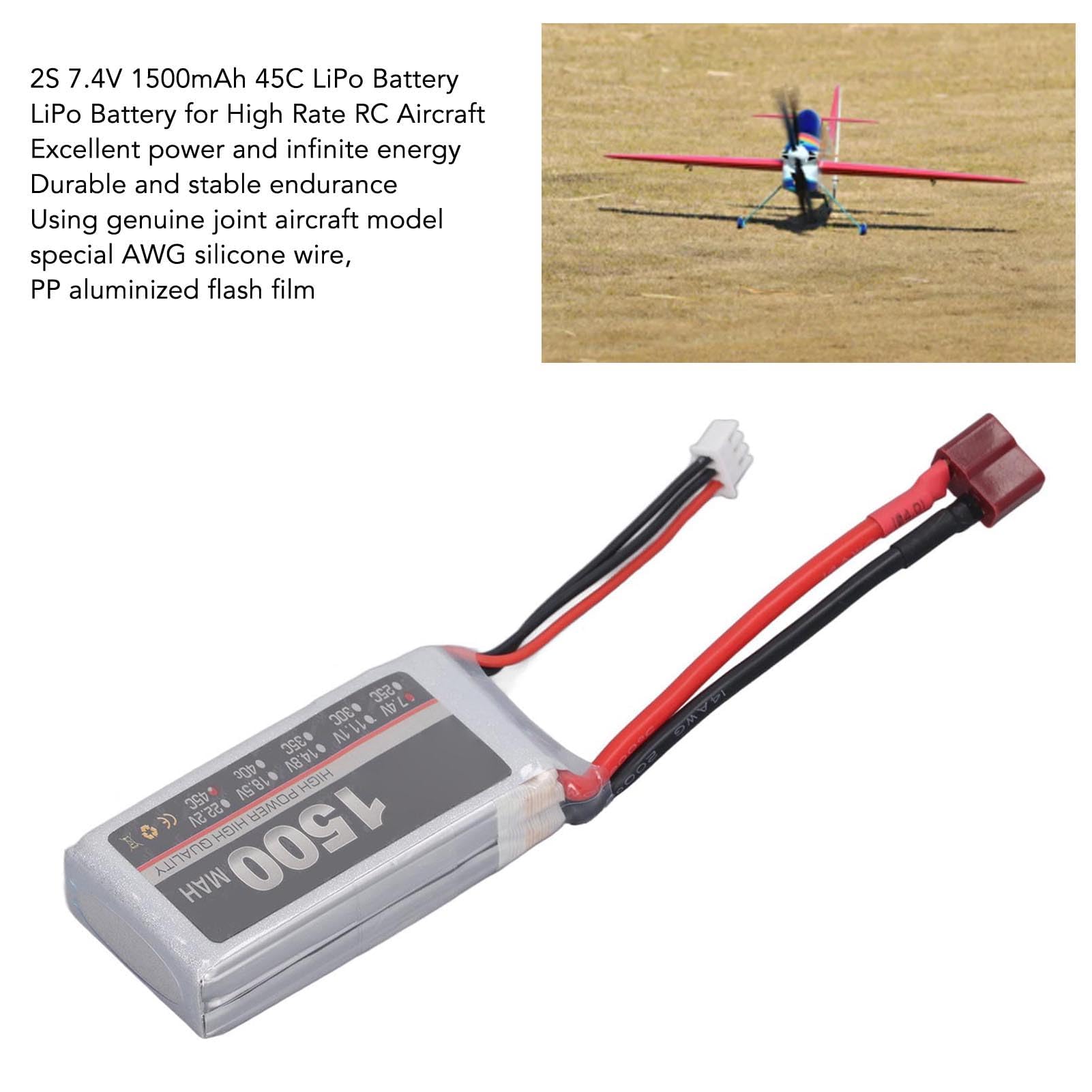 Batterie LiPo 2S 7.4V 1500mAh 45C, Batterie d'avion RC pour Modèle d'avion télécommandé RC (Prise en T)
