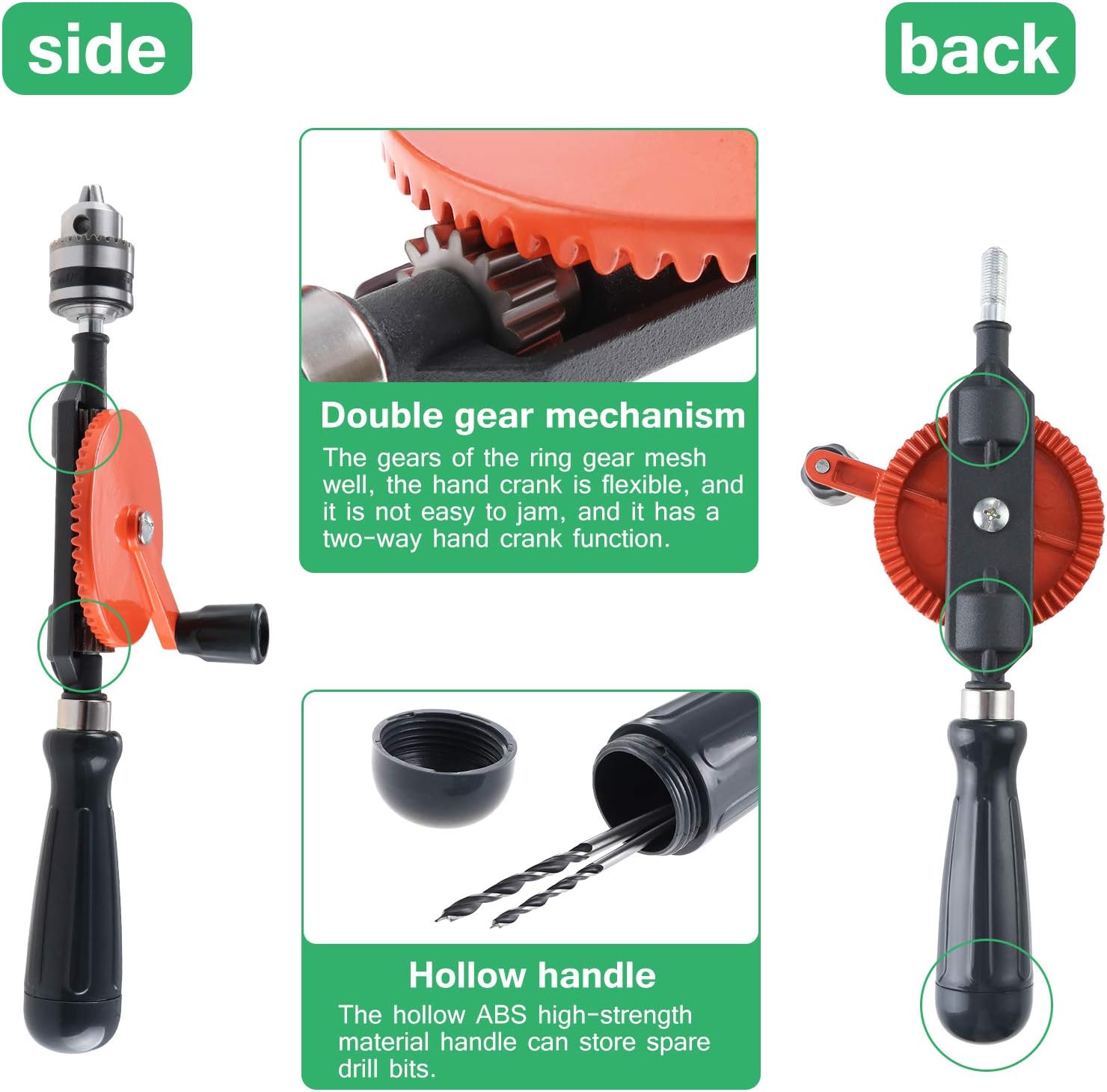 HSEAMALL Hand Drill Manual Crank Drill 3/8 Inches (1.510mm) Capacity