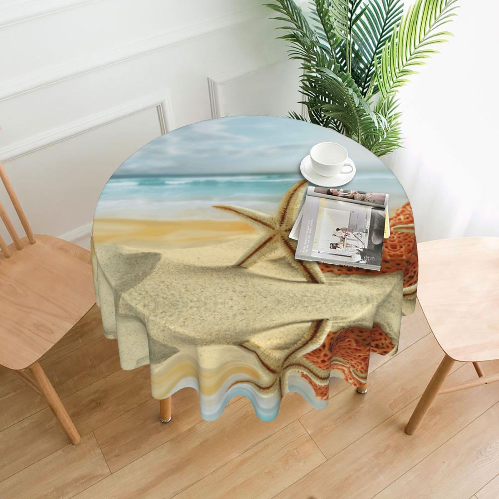Zcmkjlg Starfish and Coral on Beach Print Quick Ship Round Tablecloth 60in Polyester Washable Cover for Dining Room