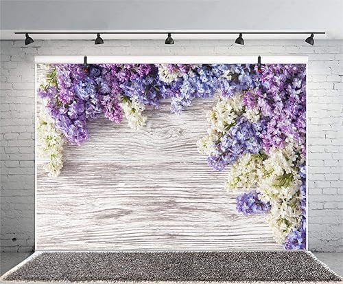Miniatura 6 de Telones de fondo para fotografía de tablones de madera de 7 x 5 pies, flores moradas lilas, rústico, vintage, pared de madera para recién nacidos,