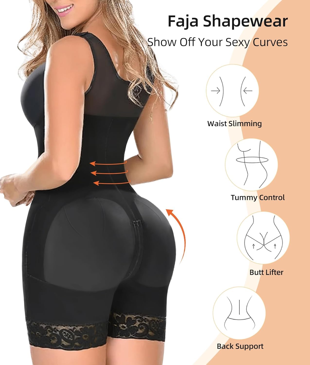 Faja Shapewear for Women, High Compression Bodysuit with Butt Lifter, Tummy Control Body Shaper, Open Crotch with Zipper, Black. - Image 2