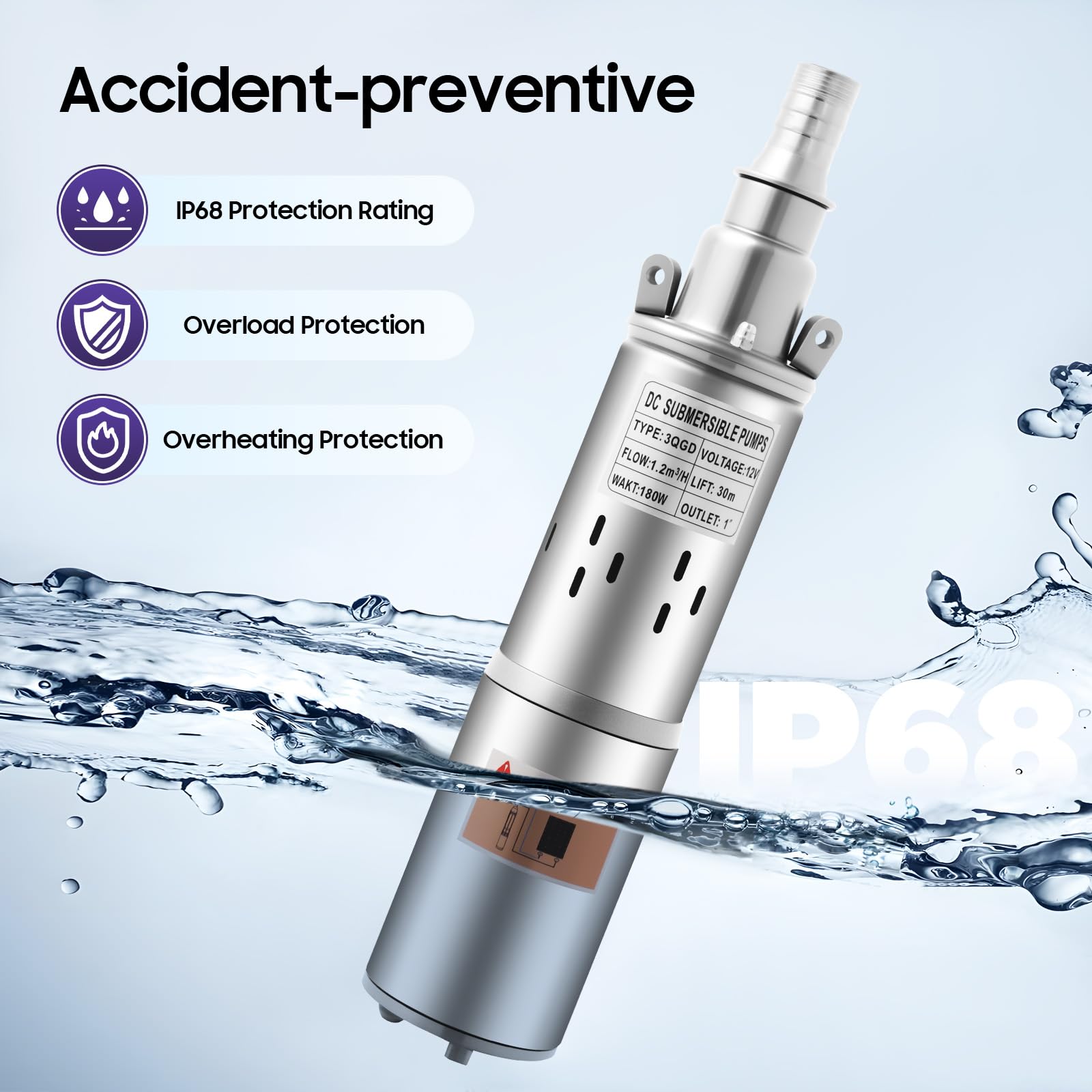 Bomba para pozos profundos, 180 W, 12 V, 1200 L/h, altura de extracción máx. 34 m, bomba sumergible para pozo con cable de 17 m