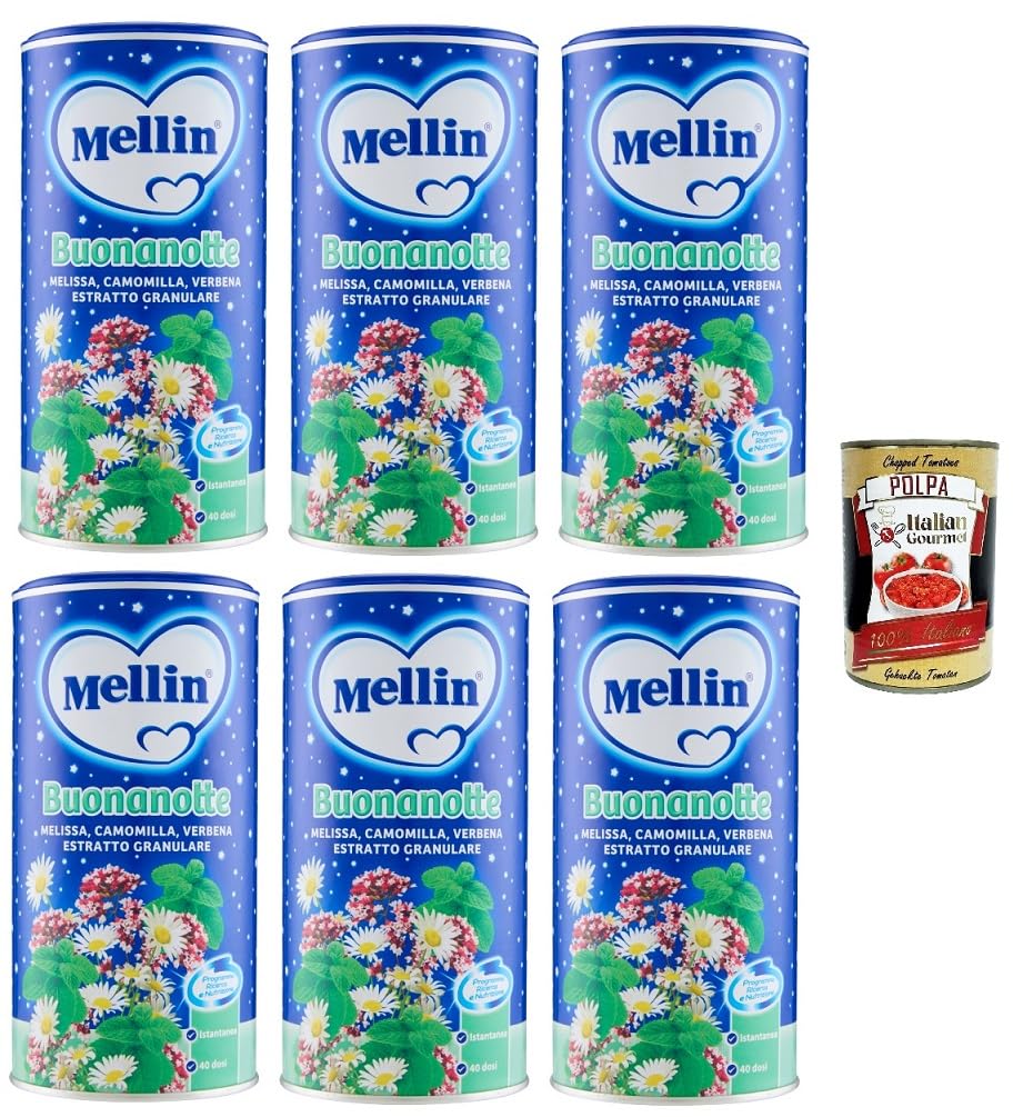 6x MELLIN Goodnight Lösliche Kamille, Kamille, Zitronenmelisse, Eisenkraut mit körnigem Extrakt 200gr+ Italian Gourmet polpa 400g