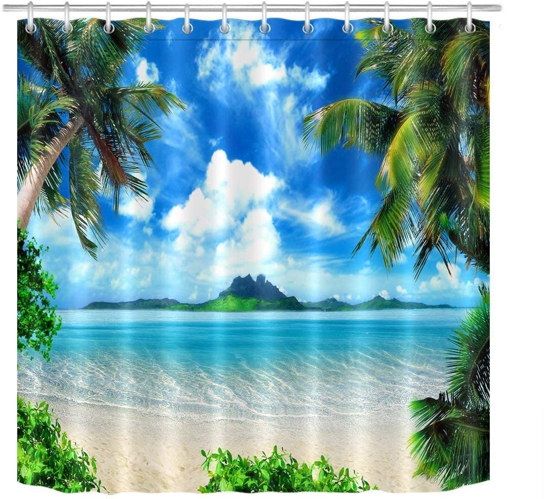 Ocean theme shower curtain beach theme tropical palm and blue green ocean scenery bathroom curtain waterproof fabric including twelve plastic hooks 72Wx79H inch