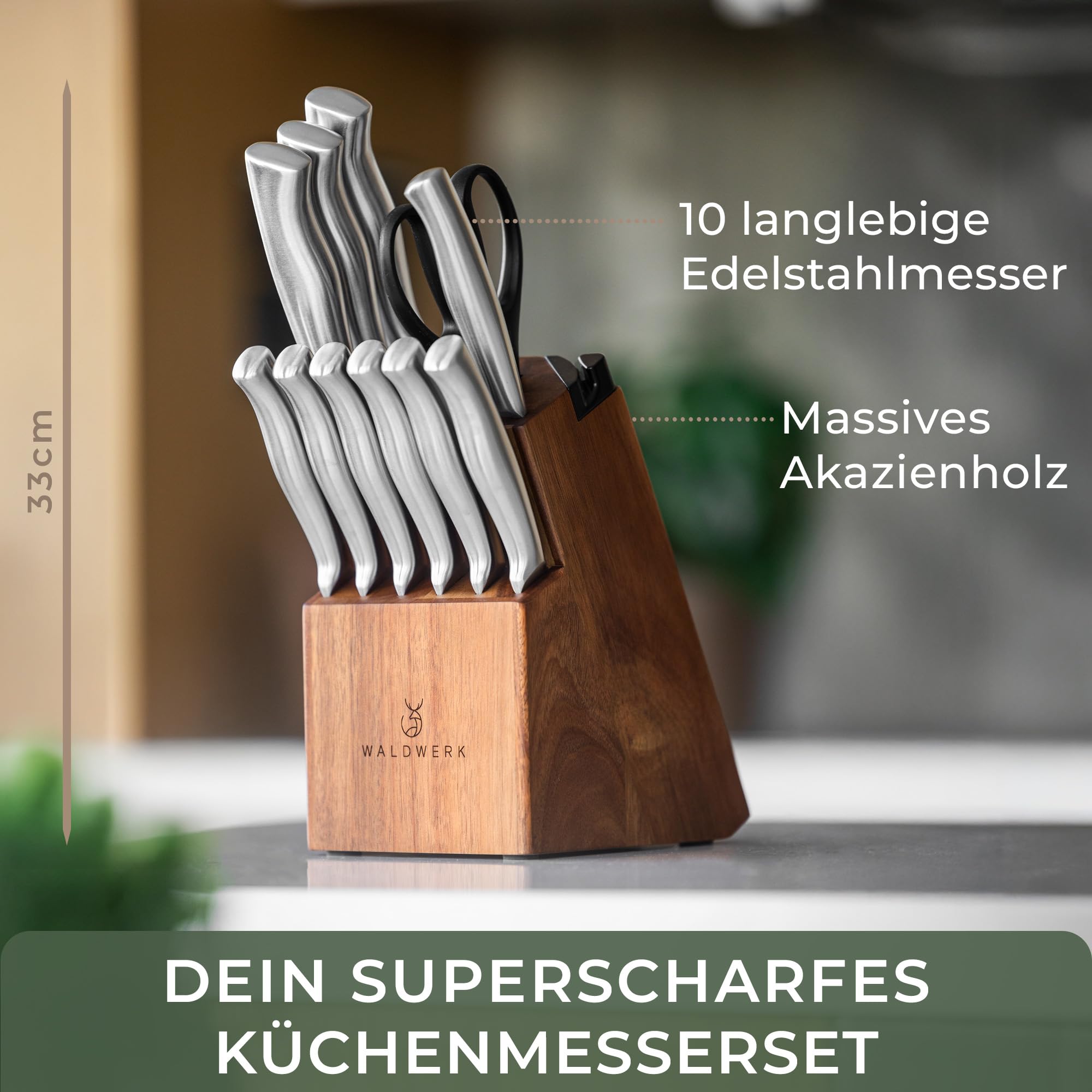 WALDWERK Ensemble de couteaux 11 pièces avec bloc et aiguiseur intégré - Couteau à steak - Couteaux de cuisine