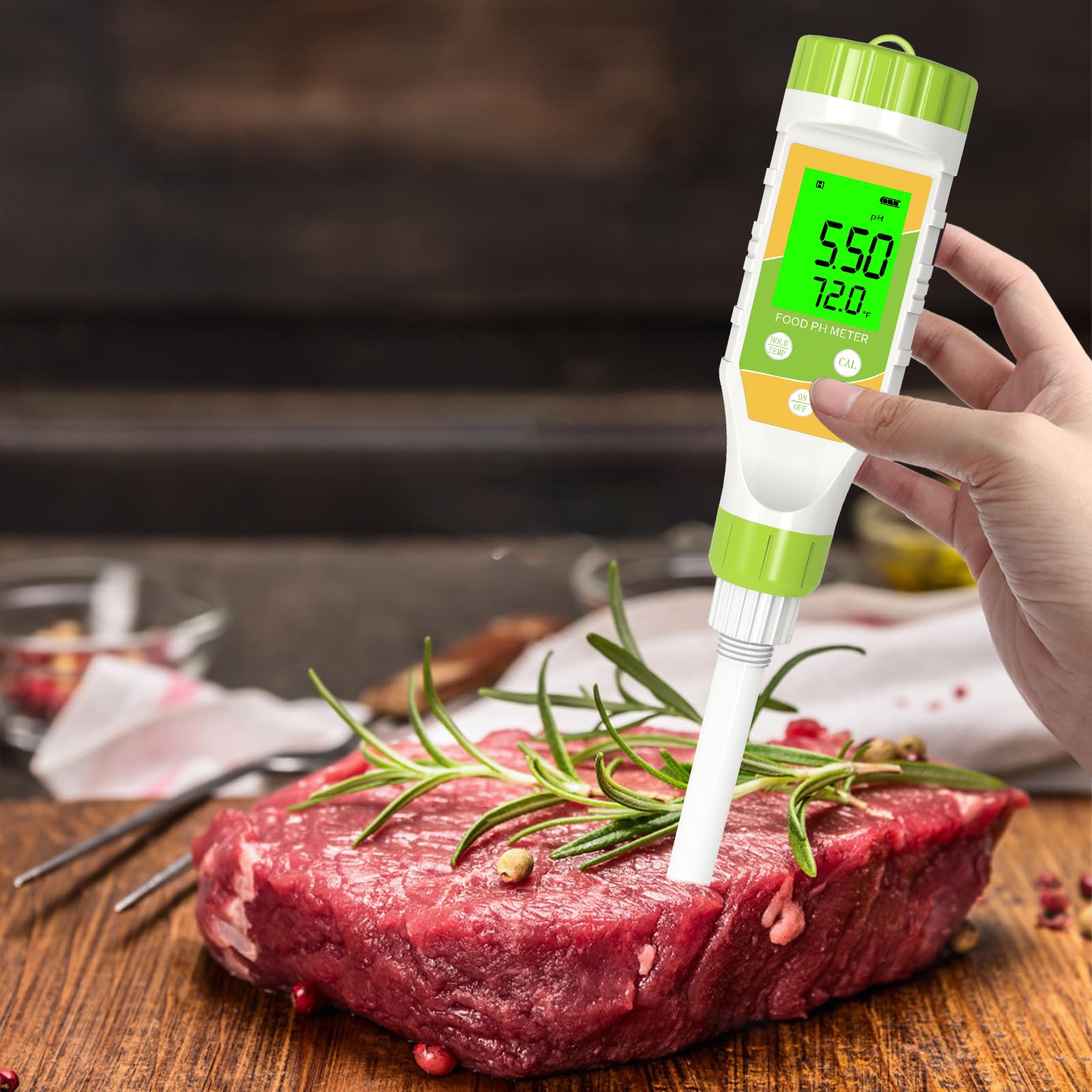 Medidor digital de pH para alimentos, resolución 0.01, probador de pH de alimentos de alta precisión con pantalla LCD retroiluminada y ATC para carne, pan, enlatado, elaboración de cerveza,